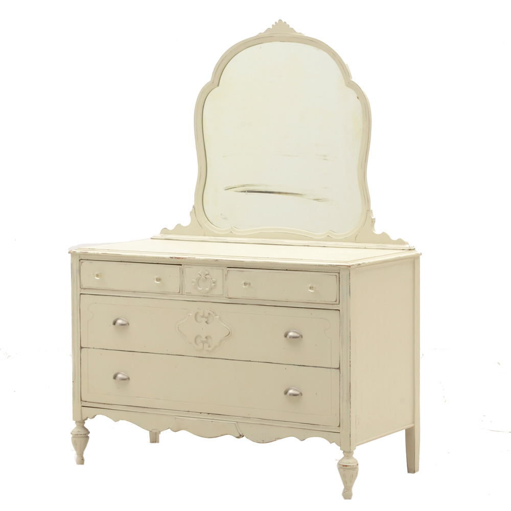 Vintage Cottage Style White Painted Dresser With Mirror
