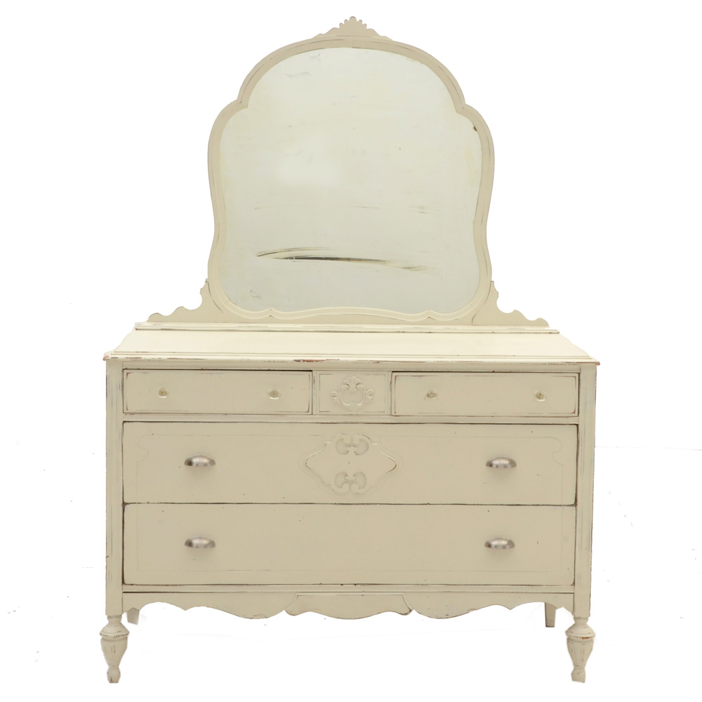 Vintage Cottage Style White Painted Dresser With Mirror