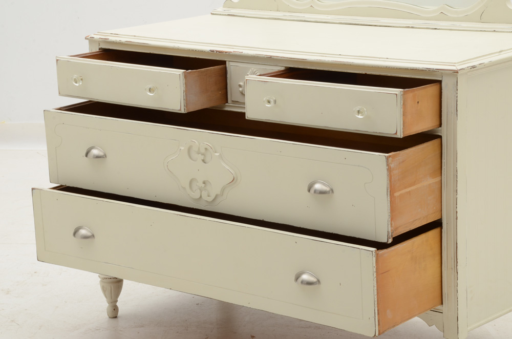 Vintage Cottage Style White Painted Dresser With Mirror