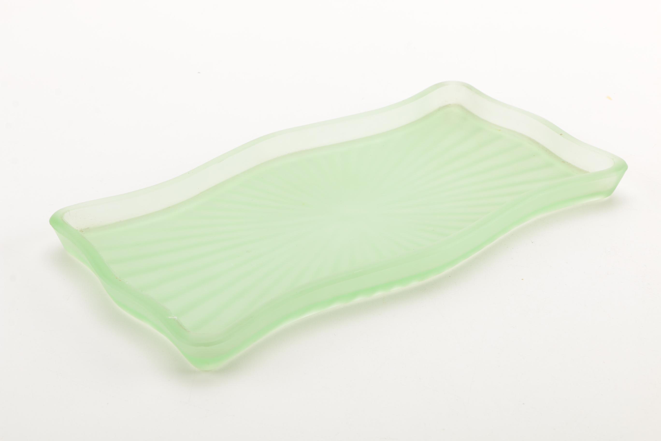 Bagley Glass Frosted Green Art Deco Vanity Set