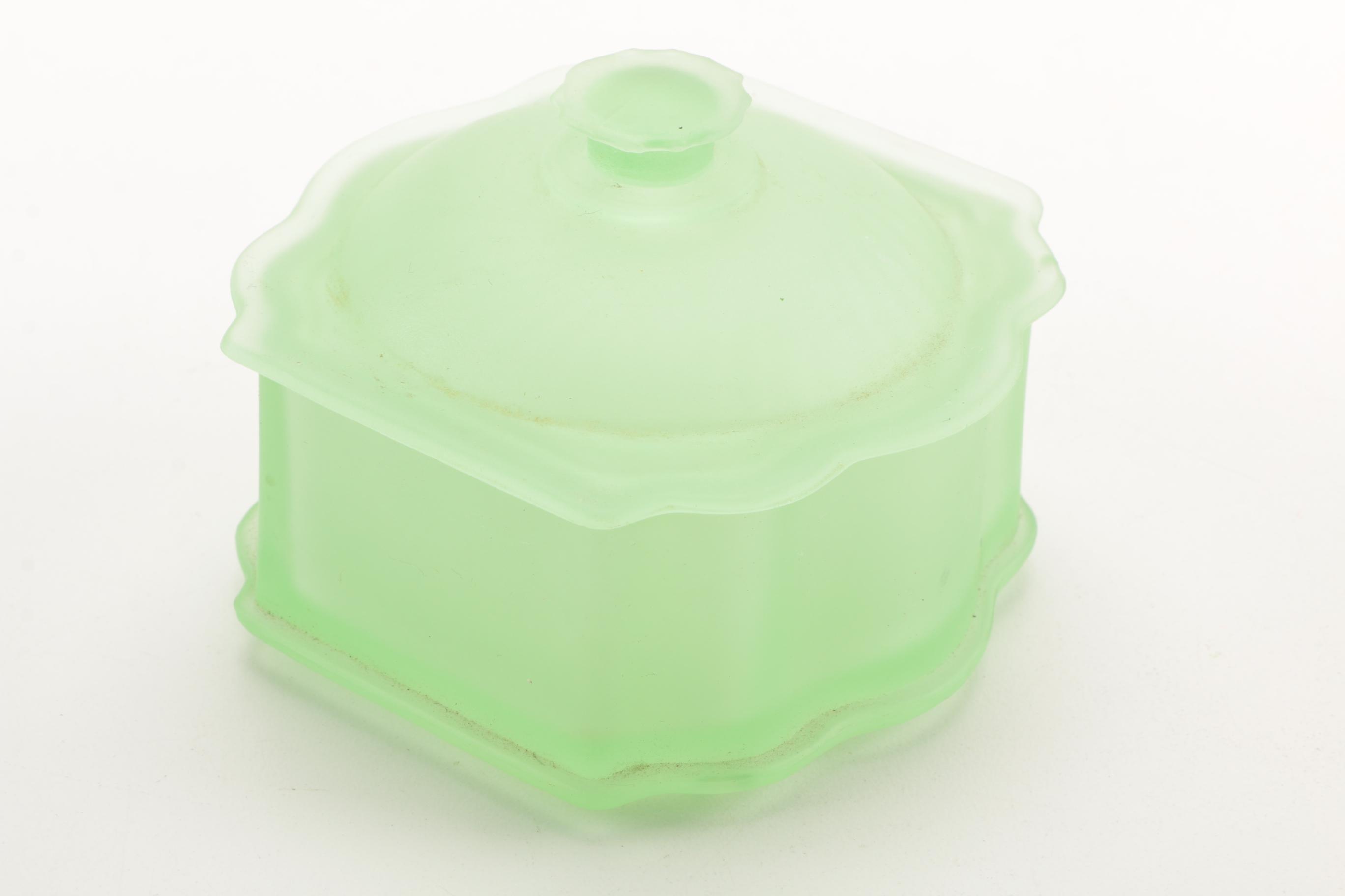 Bagley Glass Frosted Green Art Deco Vanity Set