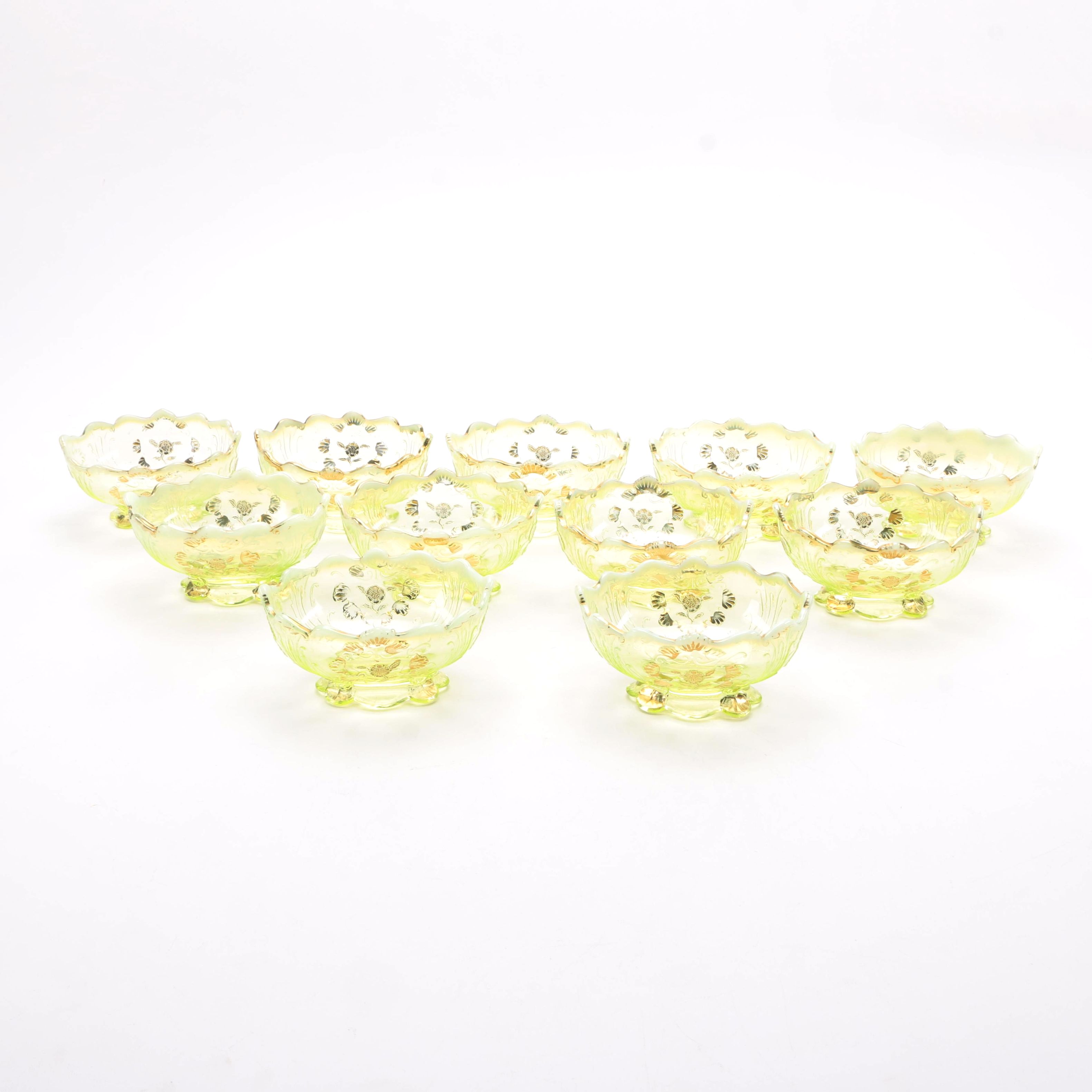 Set of Vintage Yellow Opalescent Bowls With Floral Pattern