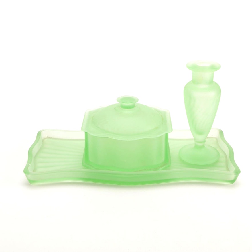 Bagley Glass Frosted Green Art Deco Vanity Set