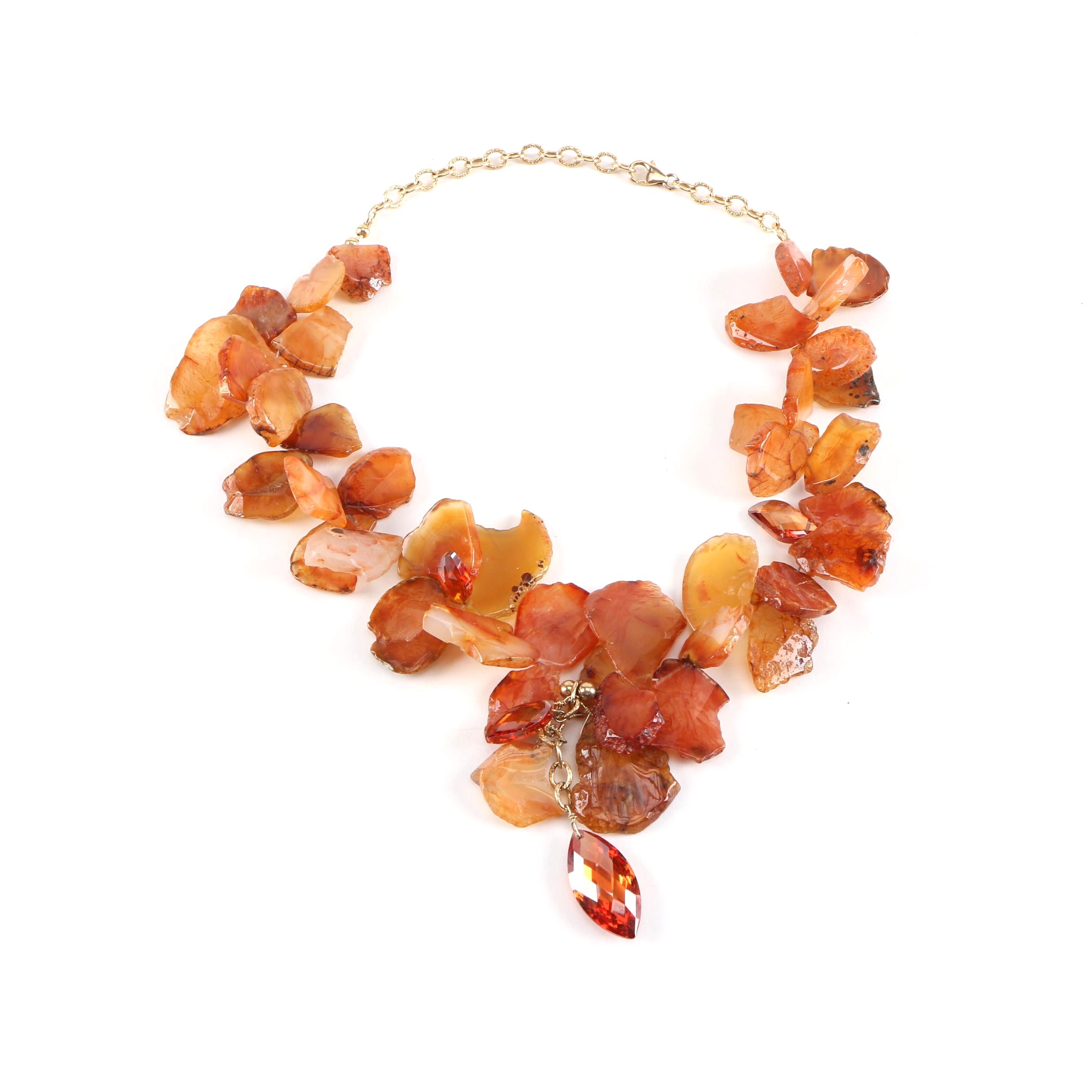 Gold Fillled and Agate Necklace With Glass Crystal Pendant