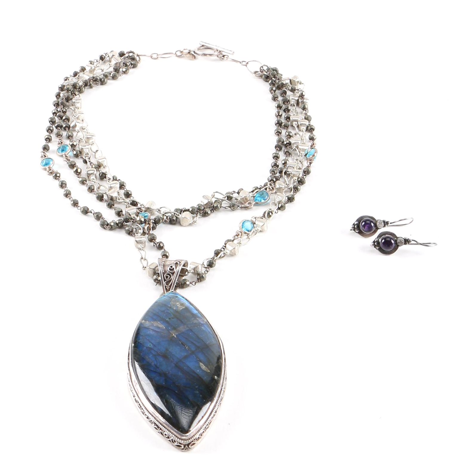 Sterling Silver and Gemstone Necklace and Earrings