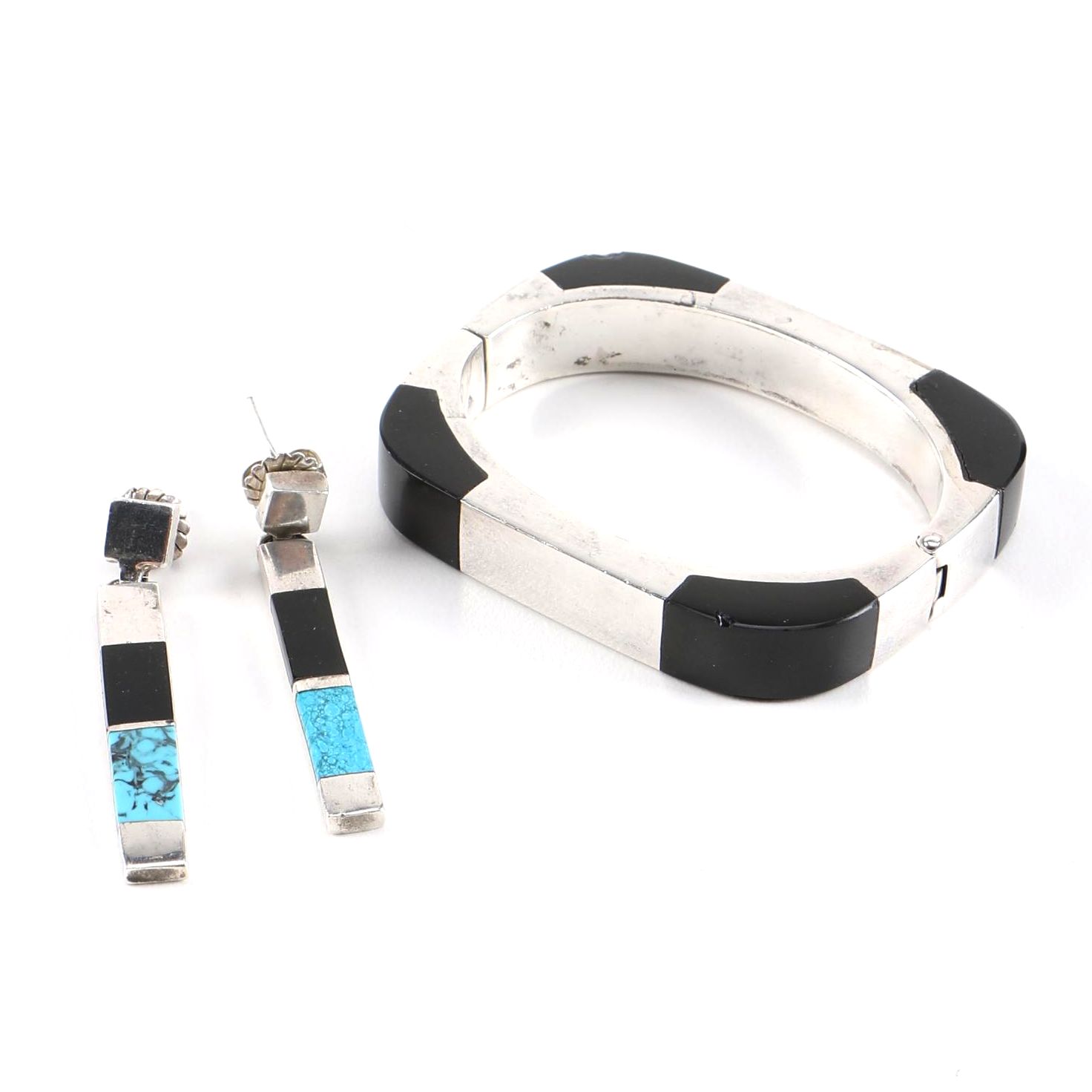 Taxco Sterling Silver Onyx and Resin Earrings and Bracelet