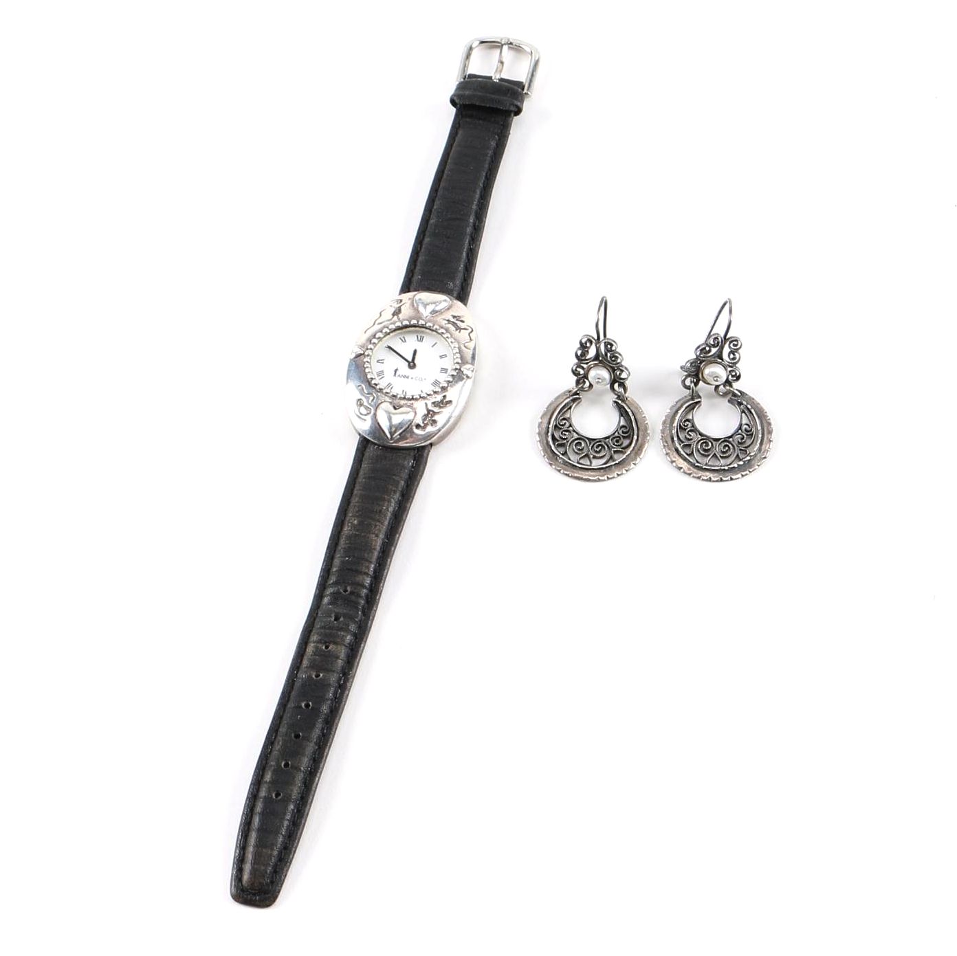 Vintage Sterling Silver Cultured Pearl Earrings and Coin Silver Watch from Anni + Co.