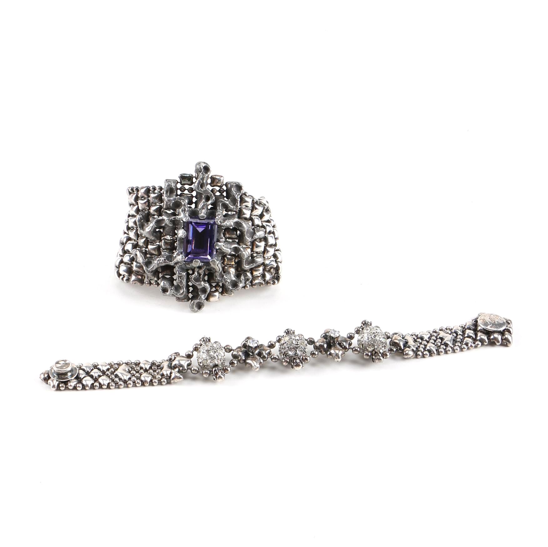 Sergio Gutierrez Silver Tone Liquid Metal Bracelets with Glass and Crystal Accents