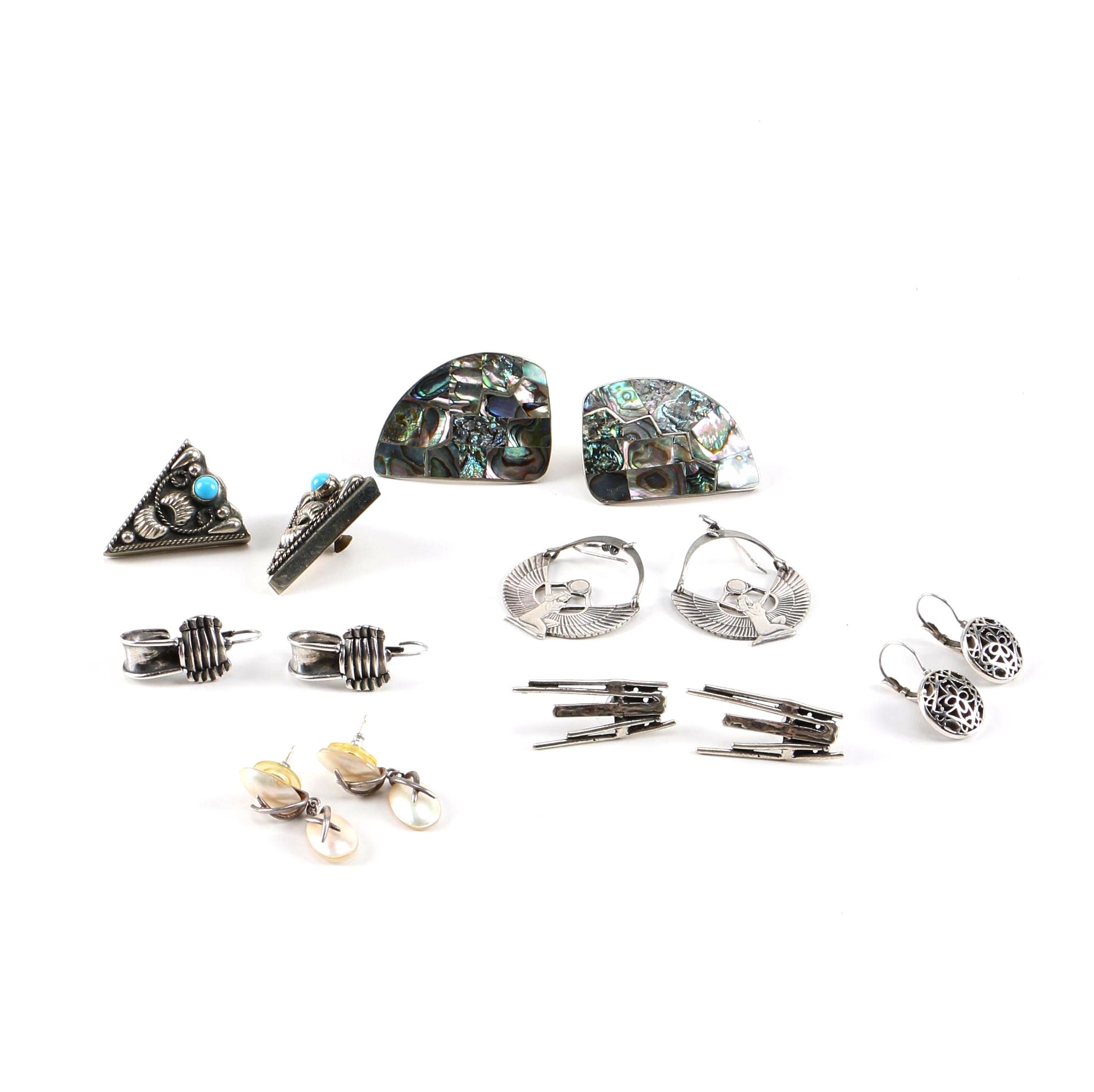 Assortment of Silver Tone Jewelry Including Abalone and Mother of Pearl Stones