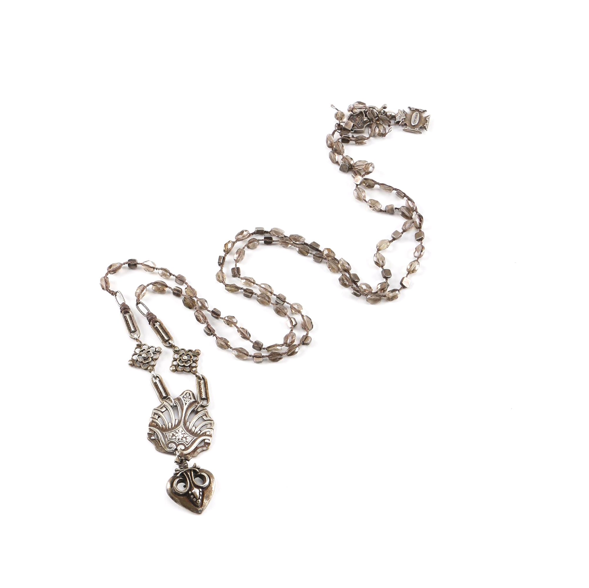 "Love Heals" Silver Tone Smokey Quartz Beaded Pendant Necklace