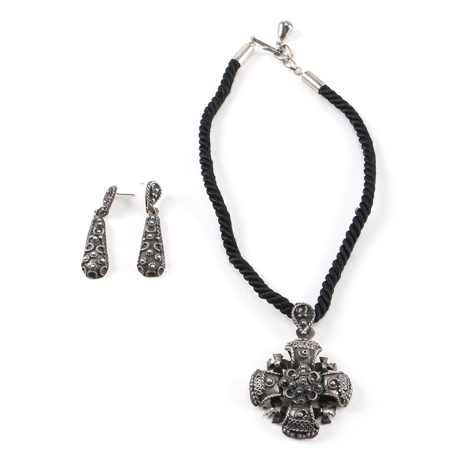 Sterling Silver Demi Parure Pendant Necklace and Dangle Earrings