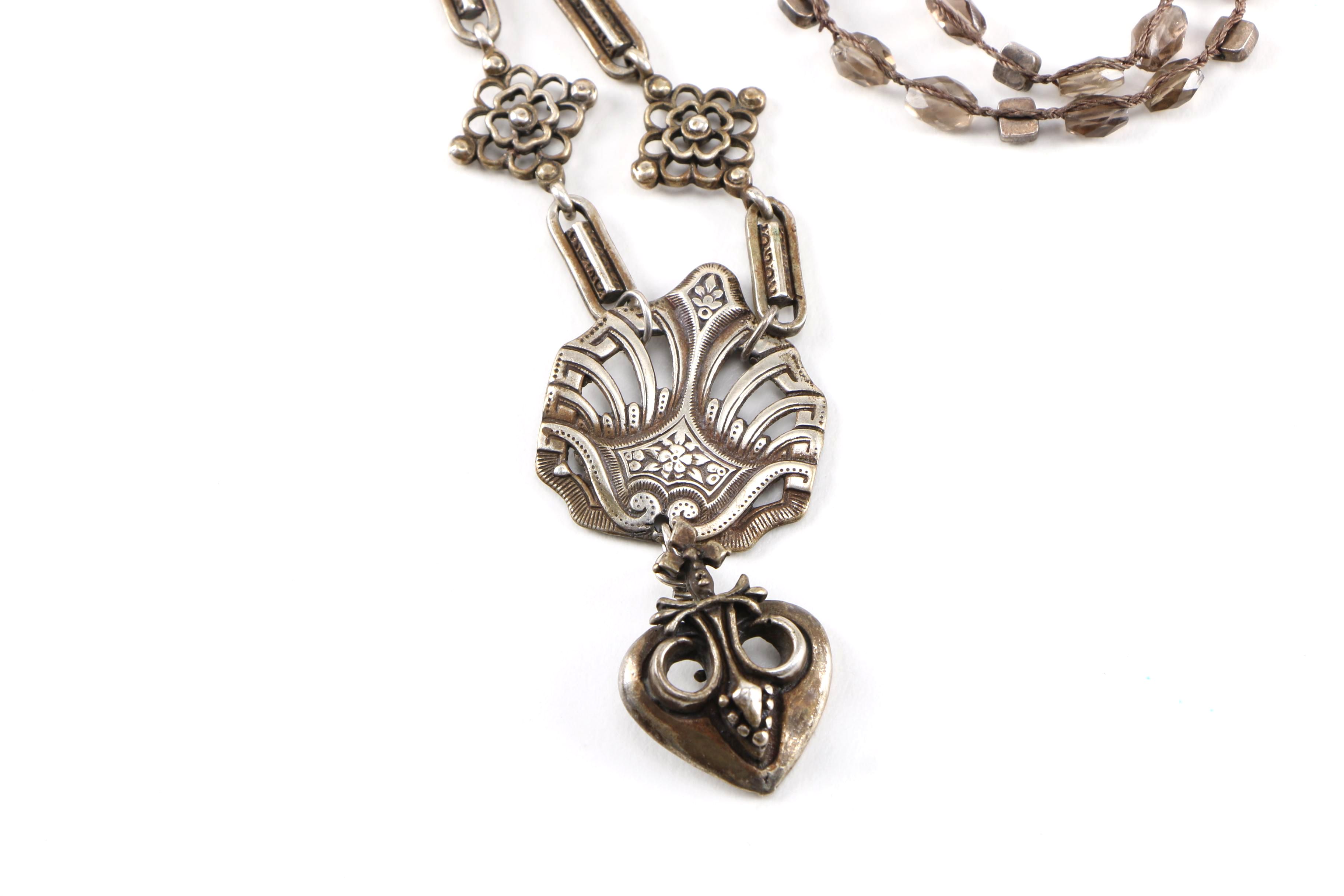 "Love Heals" Silver Tone Smokey Quartz Beaded Pendant Necklace