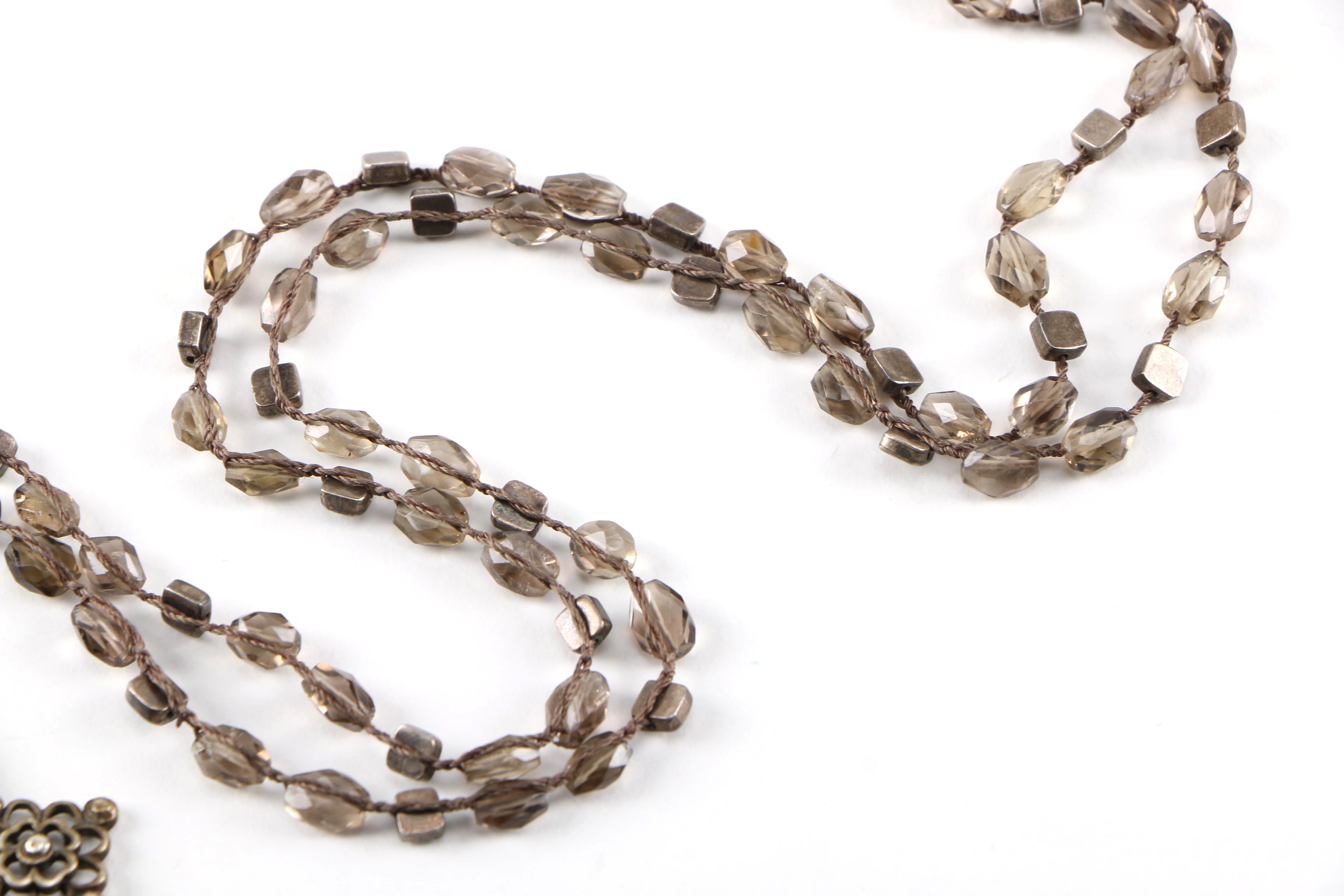 "Love Heals" Silver Tone Smokey Quartz Beaded Pendant Necklace