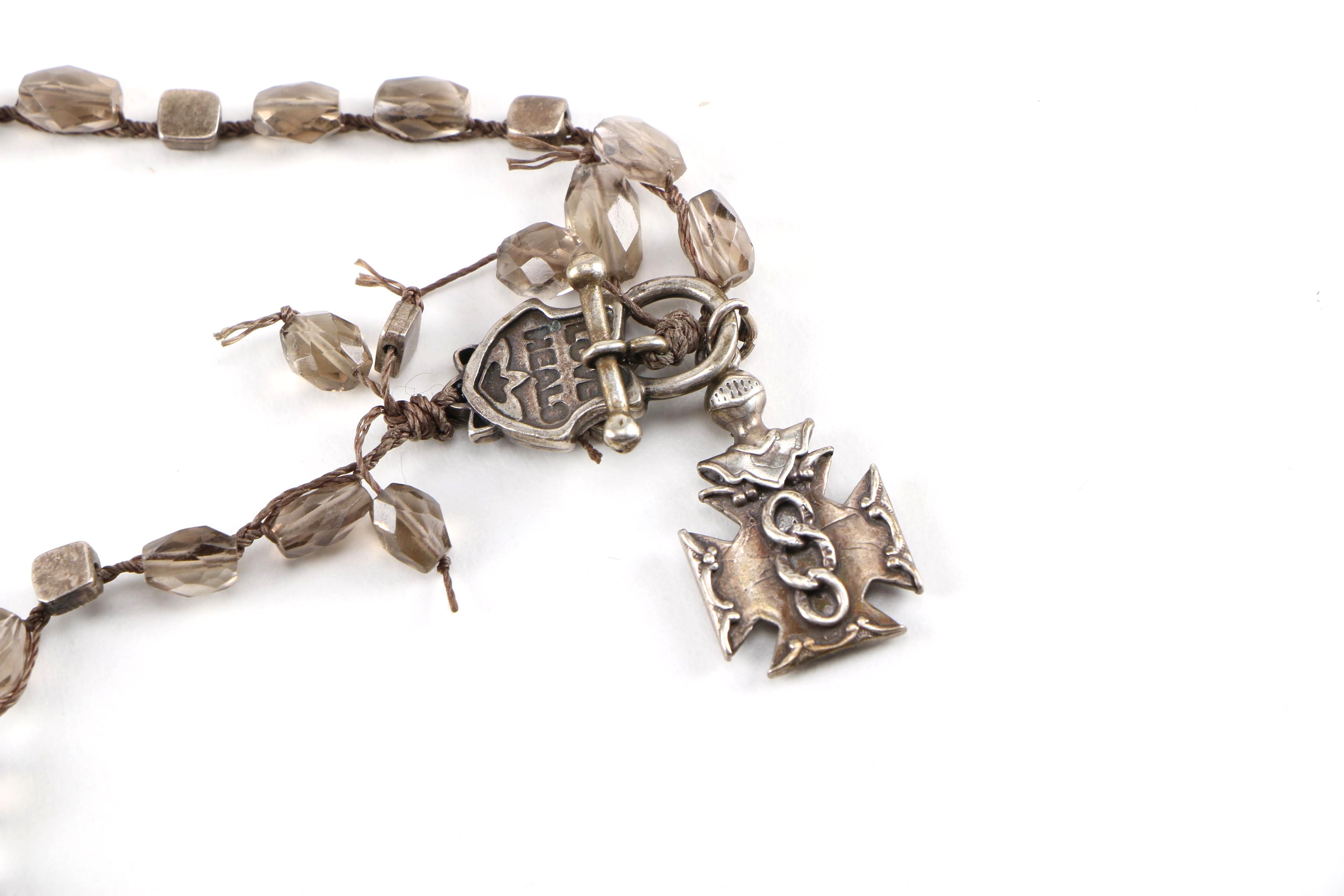 "Love Heals" Silver Tone Smokey Quartz Beaded Pendant Necklace