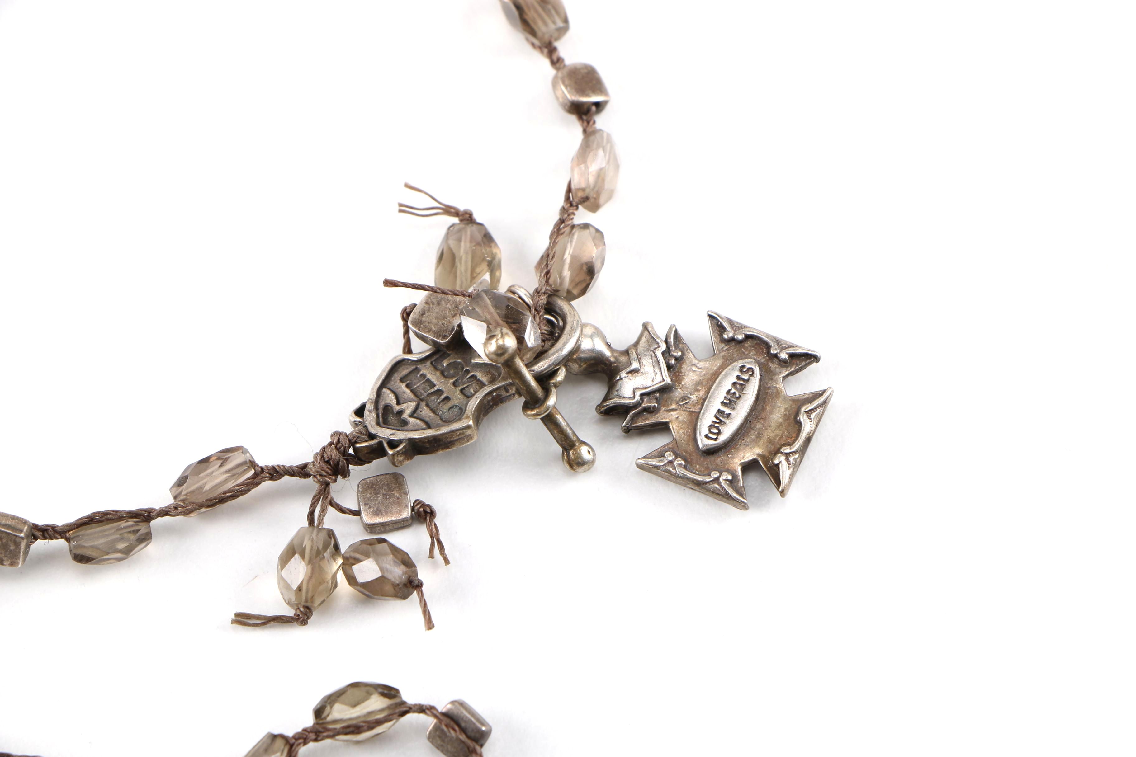 "Love Heals" Silver Tone Smokey Quartz Beaded Pendant Necklace