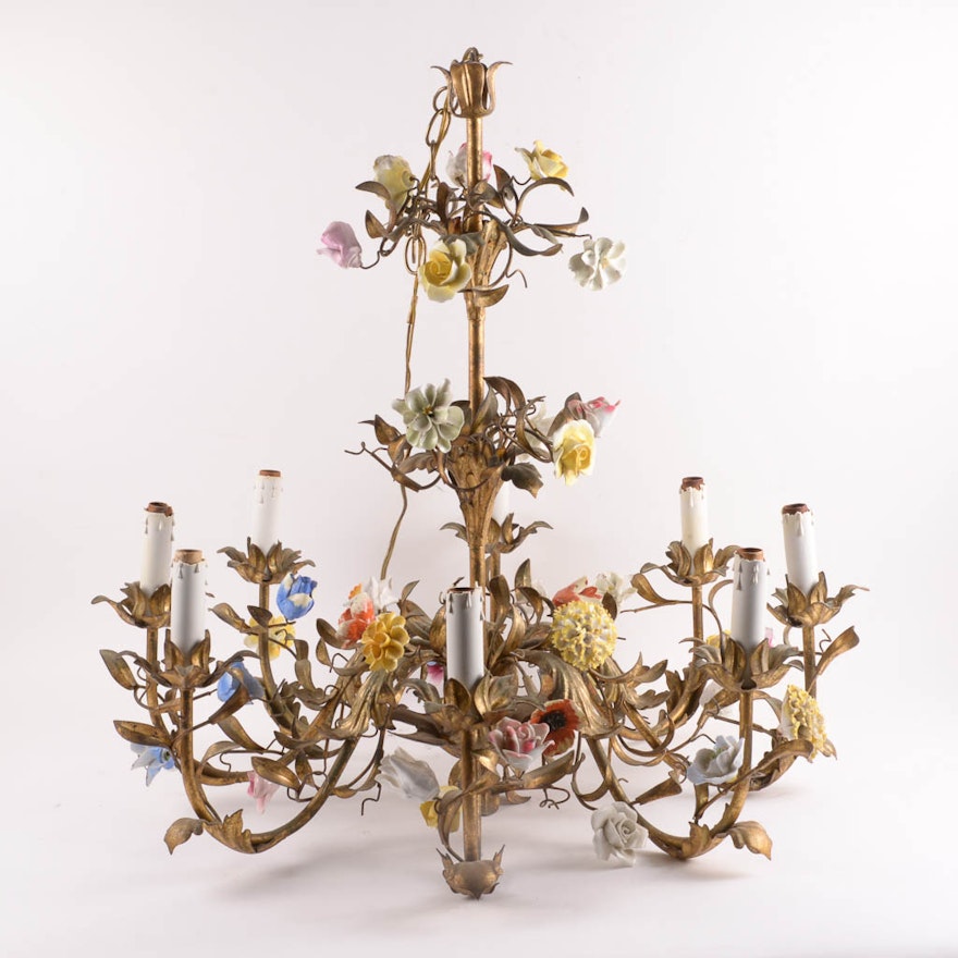 Eight Light Fixture Brass Chandelier With Porcelain Flower Accents