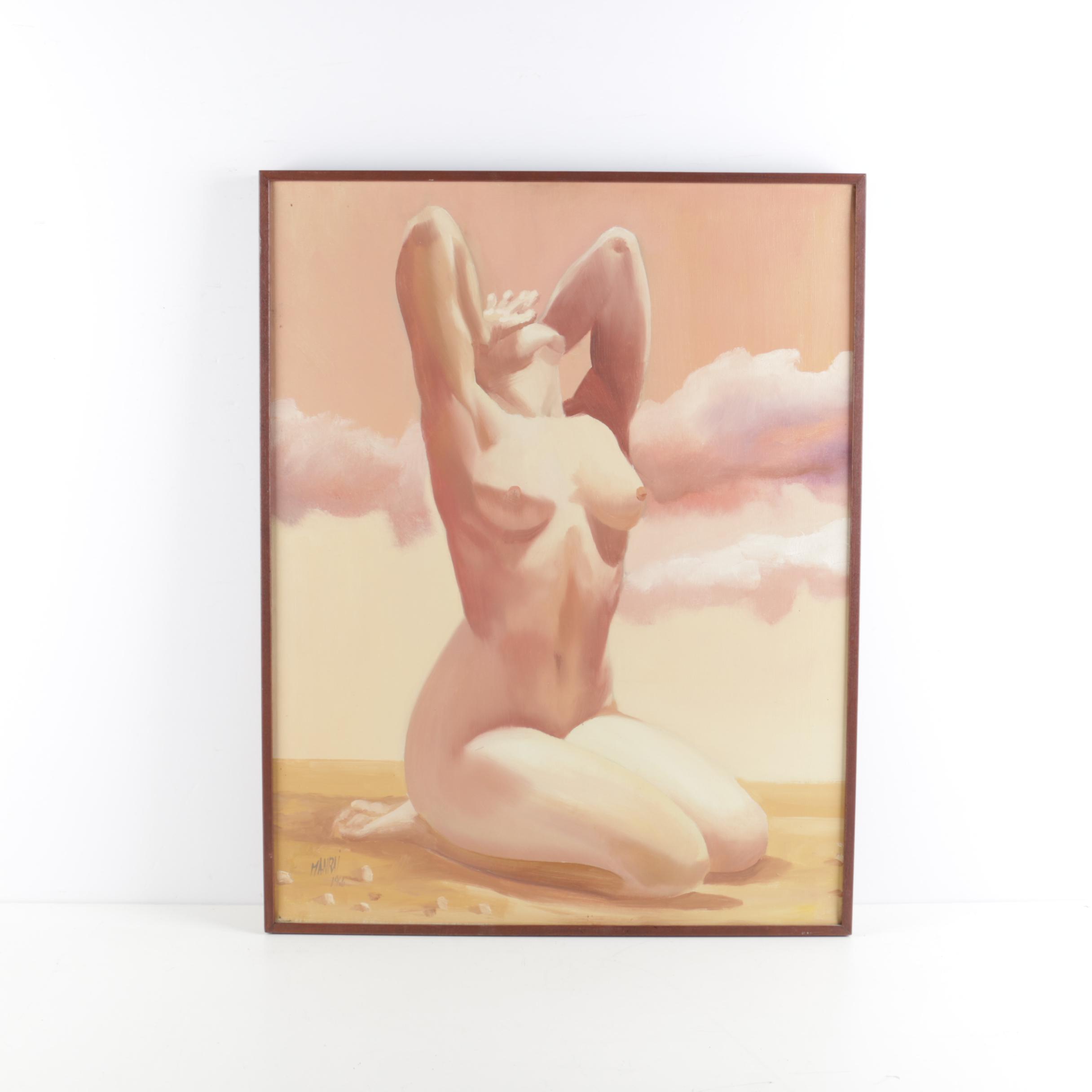 Manrai 1966 Oil Painting on Canvas of Female Nude on the Beach