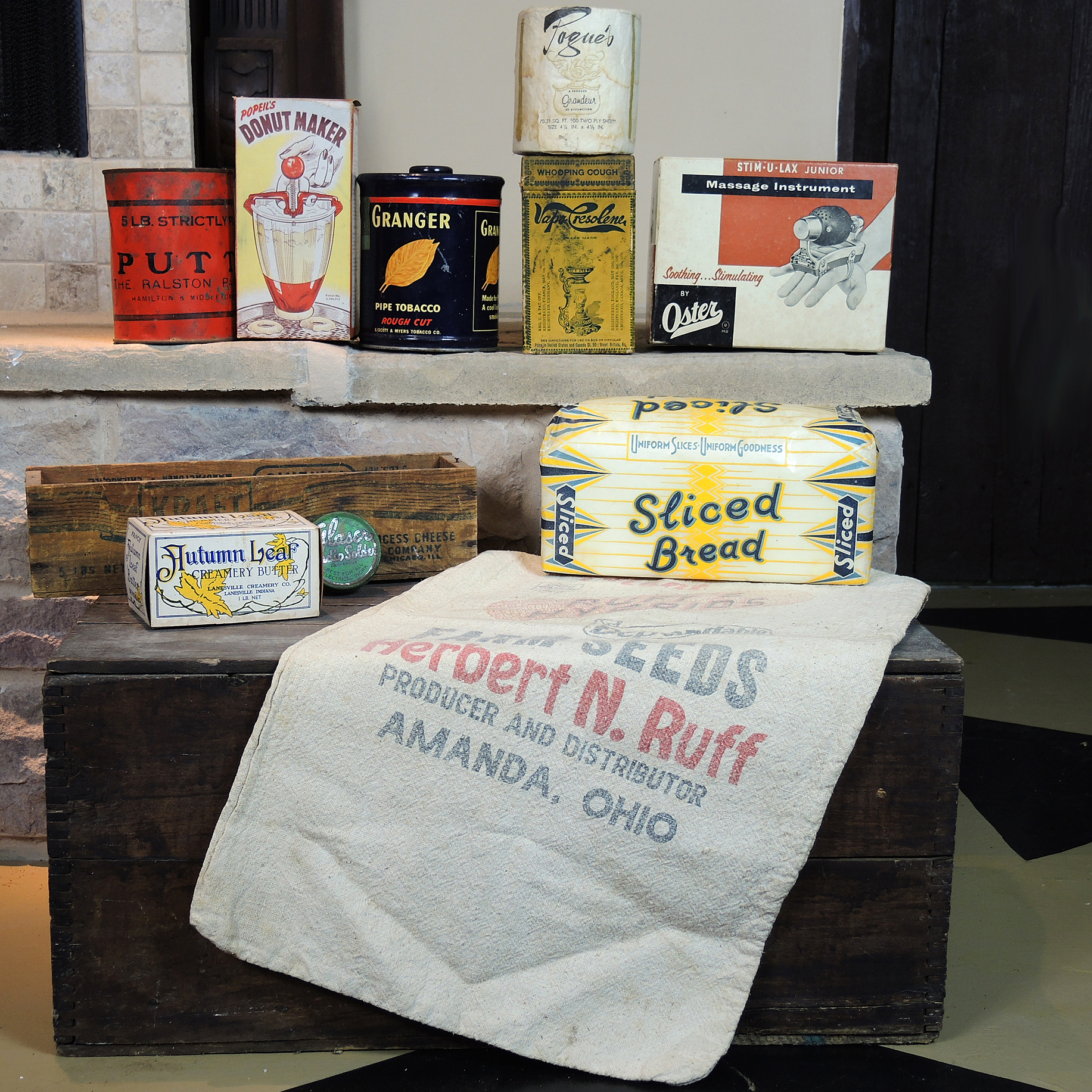 Vintage Wooden Box with General Store Packages, Tins and More