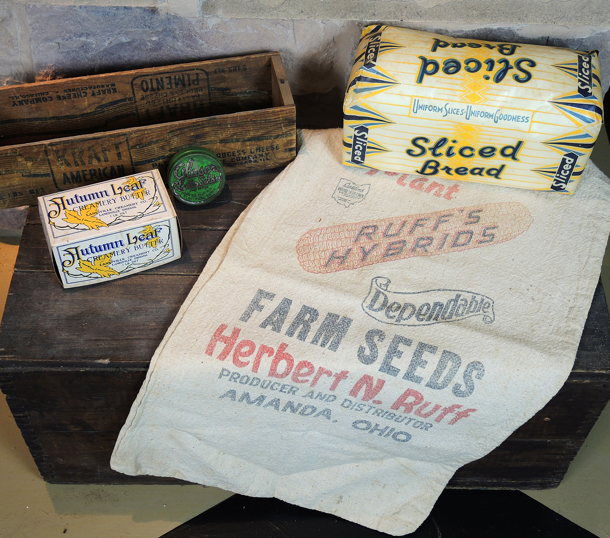 Vintage Wooden Box with General Store Packages, Tins and More