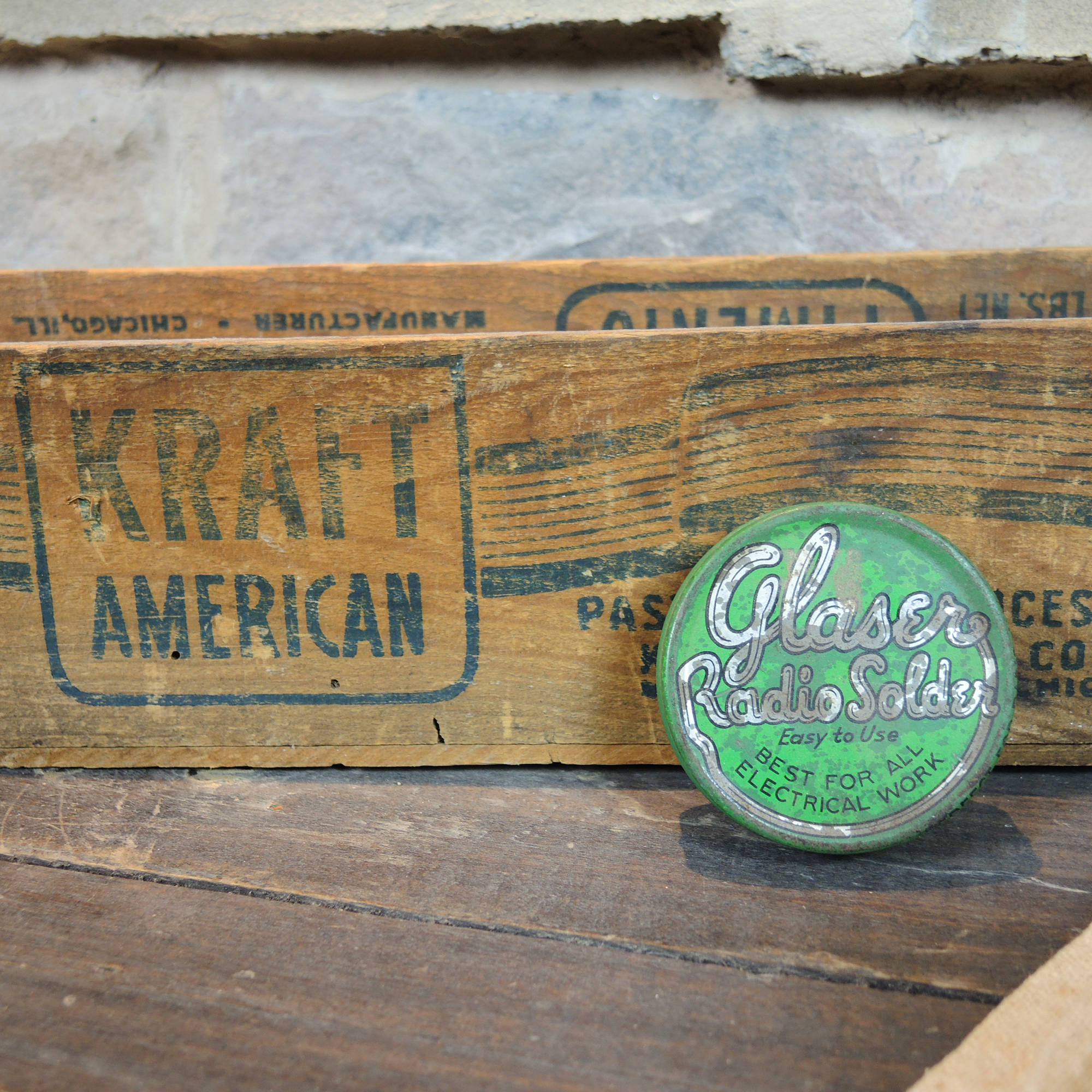 Vintage Wooden Box with General Store Packages, Tins and More