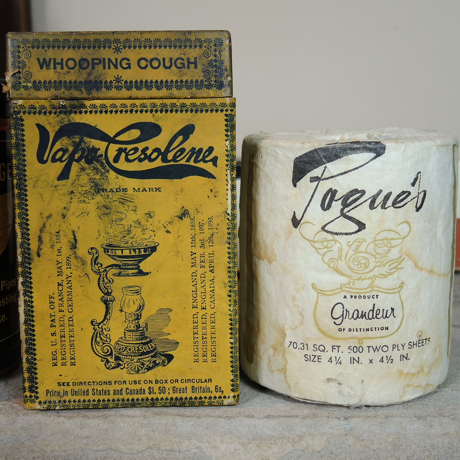 Vintage Wooden Box with General Store Packages, Tins and More