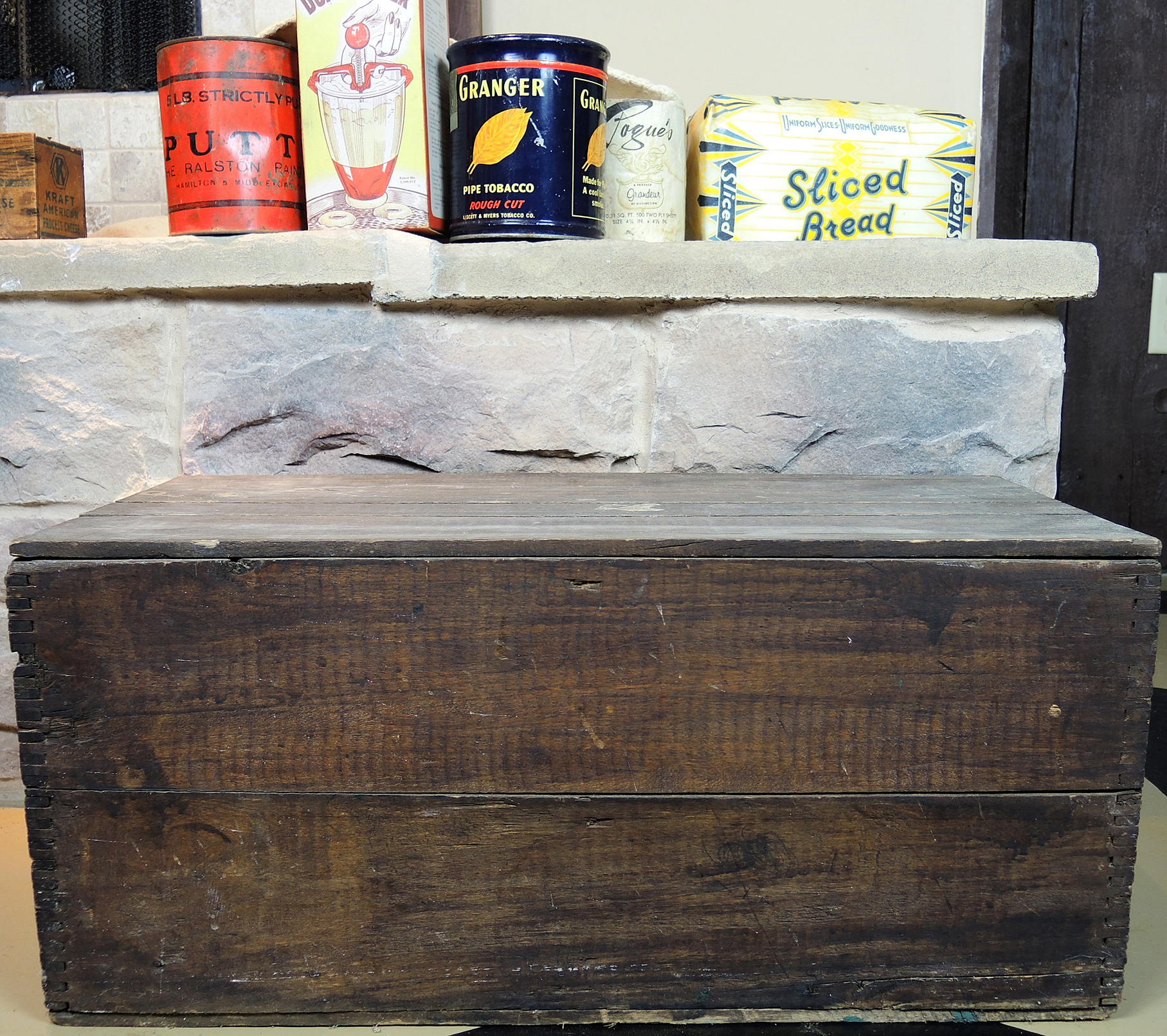 Vintage Wooden Box with General Store Packages, Tins and More