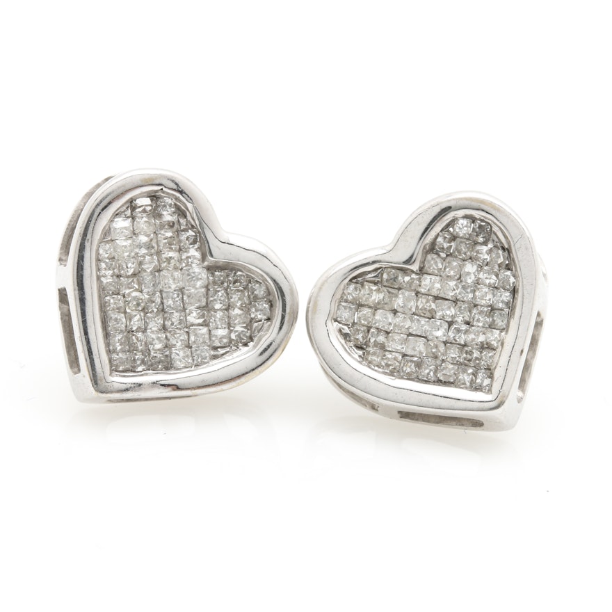 14K White Gold Diamond Heart Shaped Stud Earrings