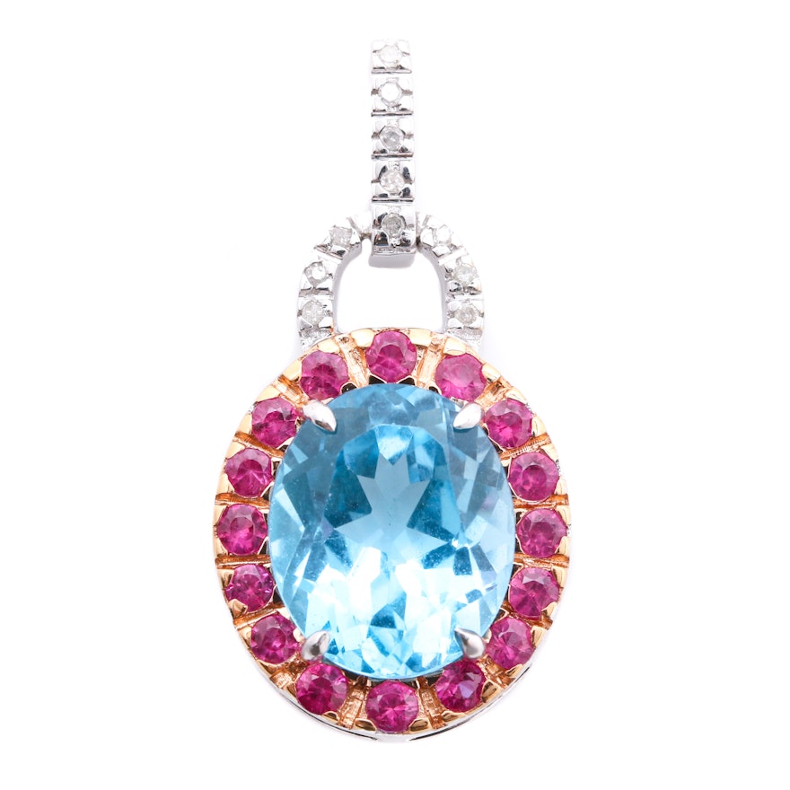 14K Two Tone Gold 5.86 CT Blue Topaz, Ruby, and Diamond Pendant