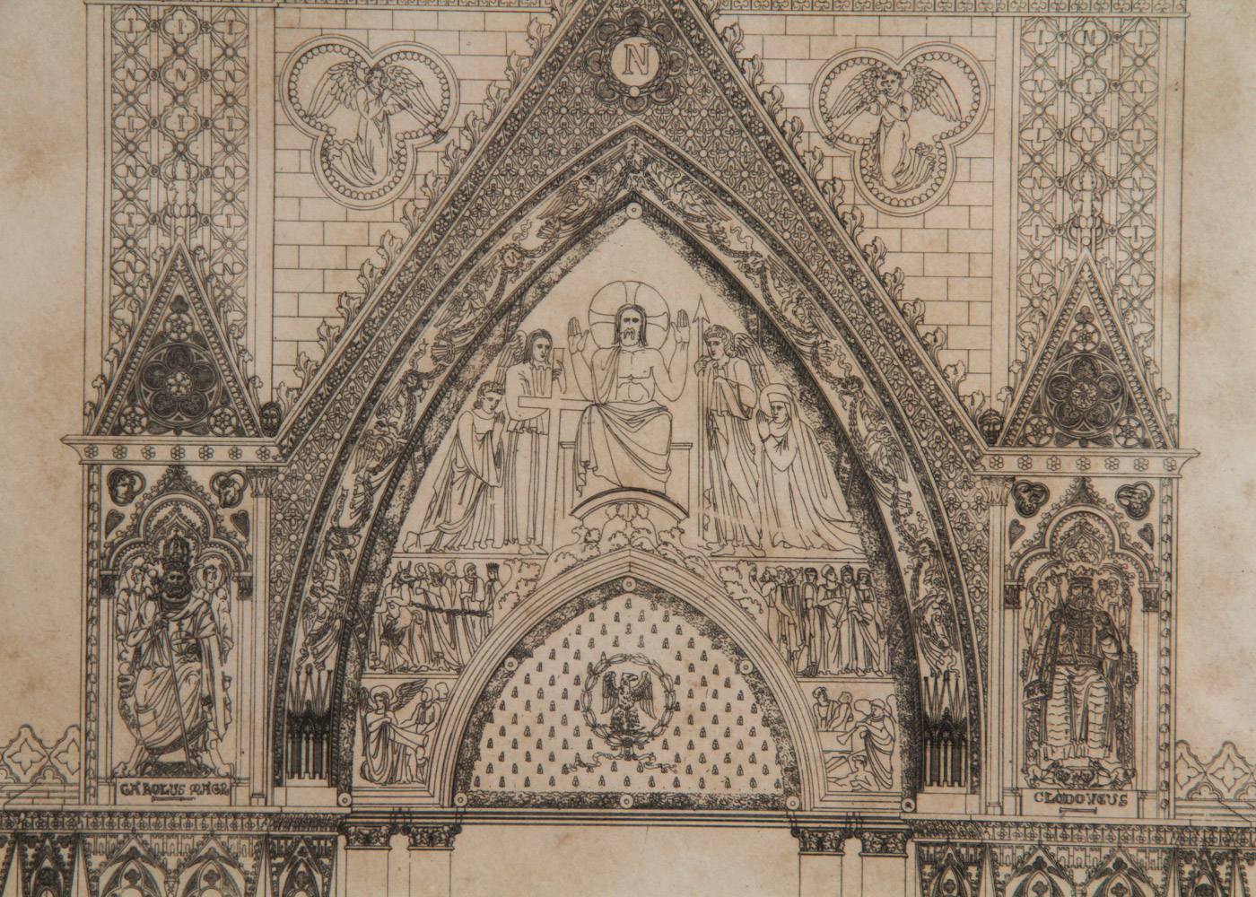 Engraving of "Elevation Geometrale du Portigue la Facade de l'Eglise de Notre Dame"