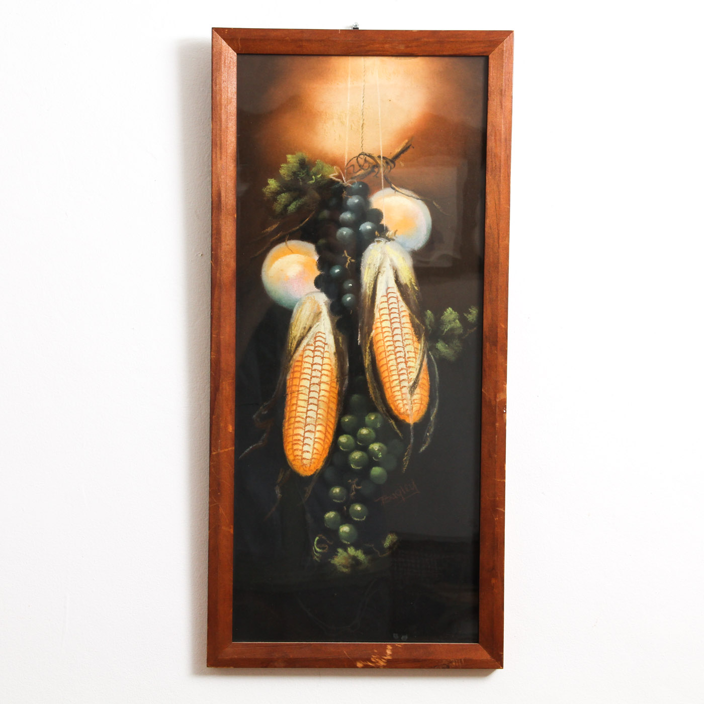 Bagley Framed Oil Pastel on Paper Still LIfe with Grapes and Corn