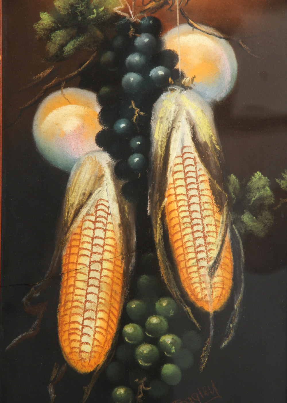 Bagley Framed Oil Pastel on Paper Still LIfe with Grapes and Corn