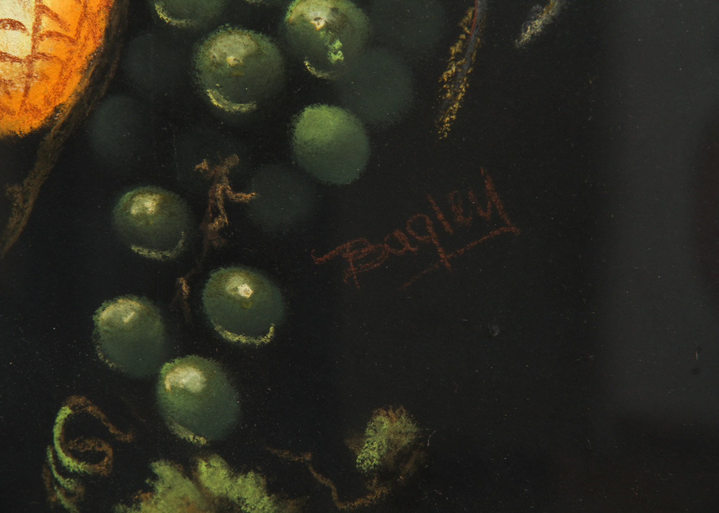 Bagley Framed Oil Pastel on Paper Still LIfe with Grapes and Corn