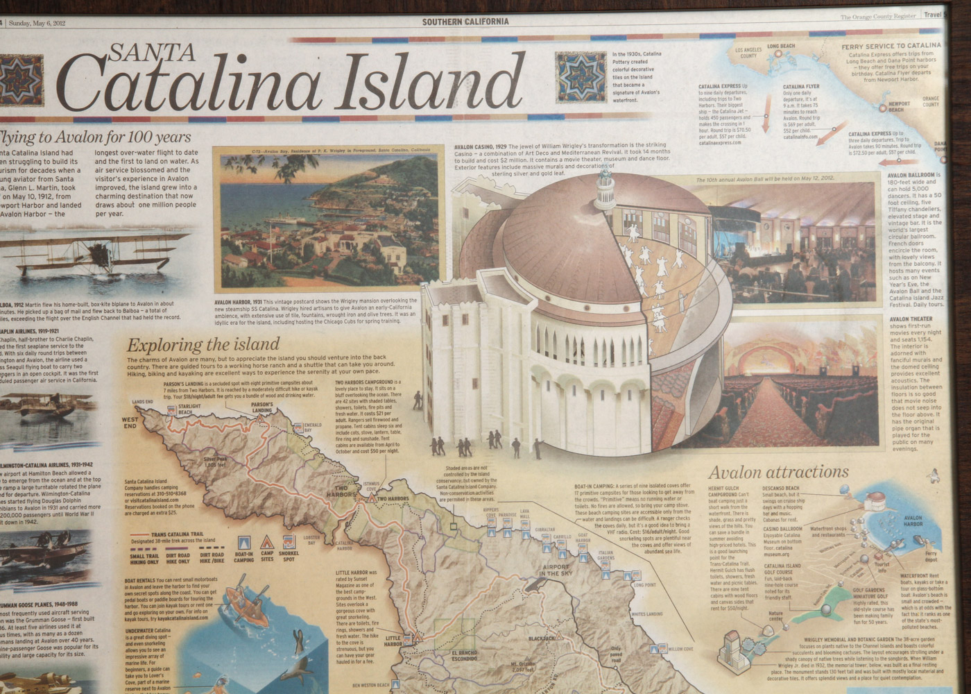 Framed Map of Santa Catalina Island From "The Orange County Register"