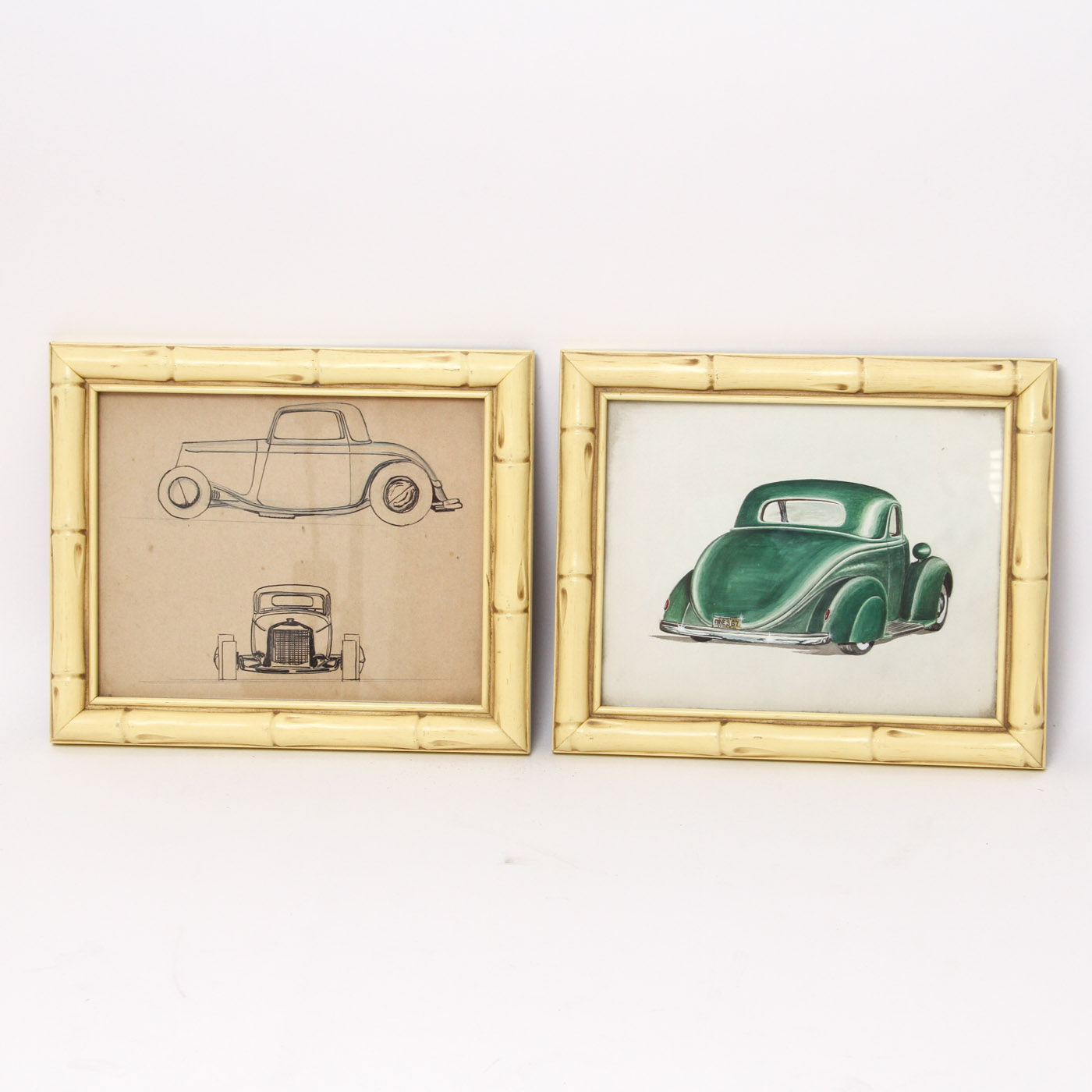 Framed Pen and Ink and Watercolor Drawings of Vintage Cars