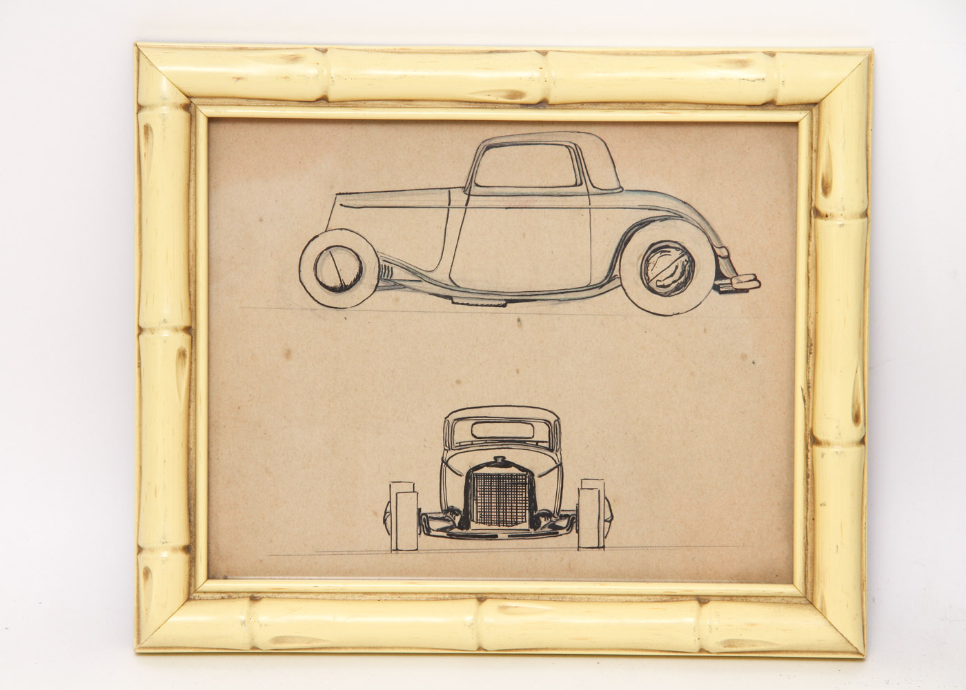 Framed Pen and Ink and Watercolor Drawings of Vintage Cars