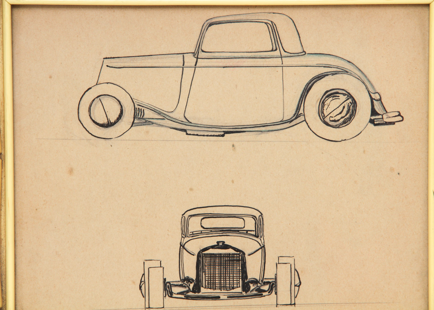 Framed Pen and Ink and Watercolor Drawings of Vintage Cars