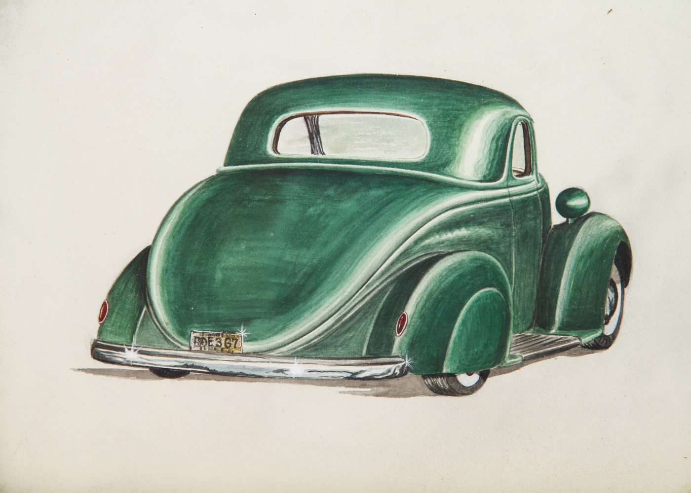 Framed Pen and Ink and Watercolor Drawings of Vintage Cars