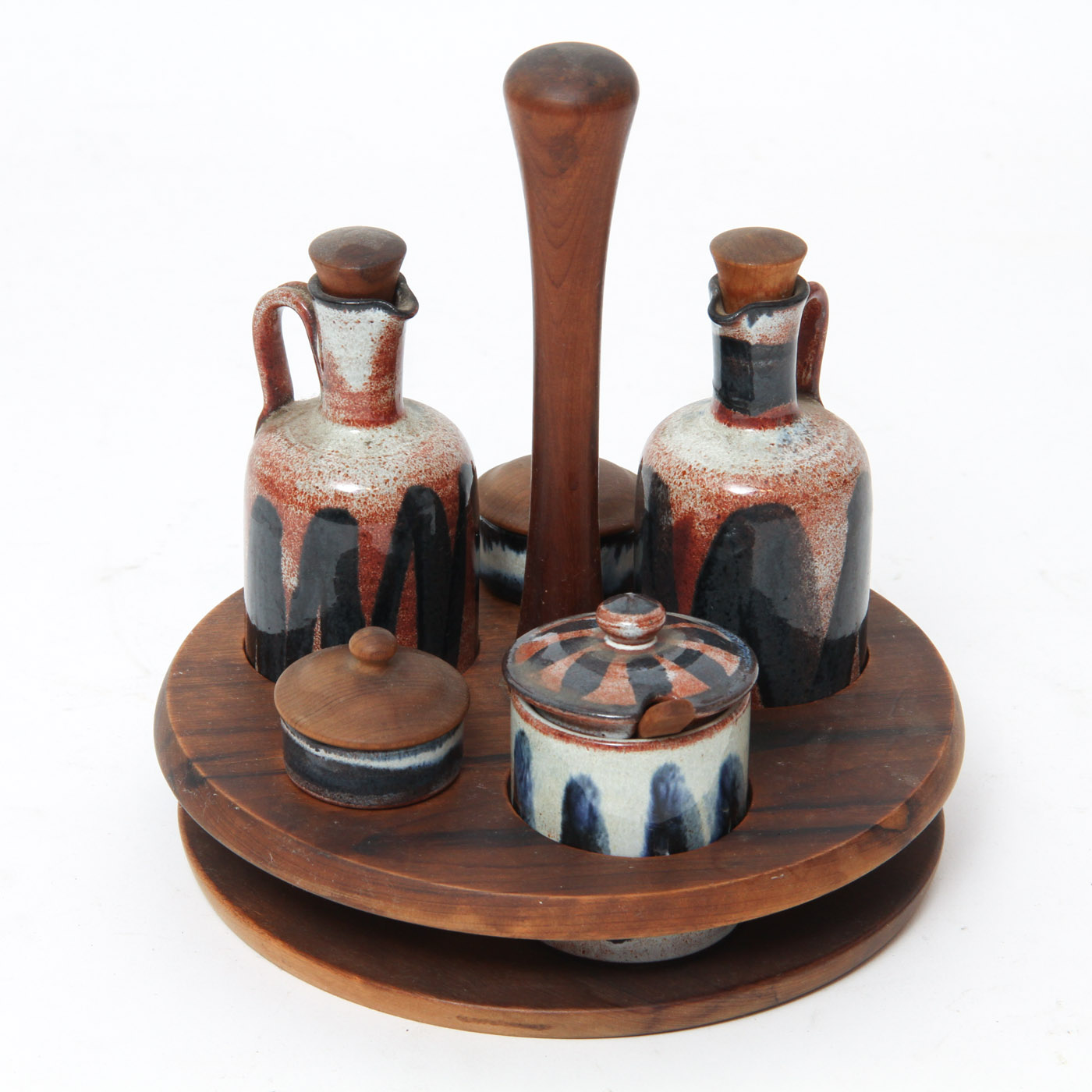 Stoneware Condiment Set with Teak Stand