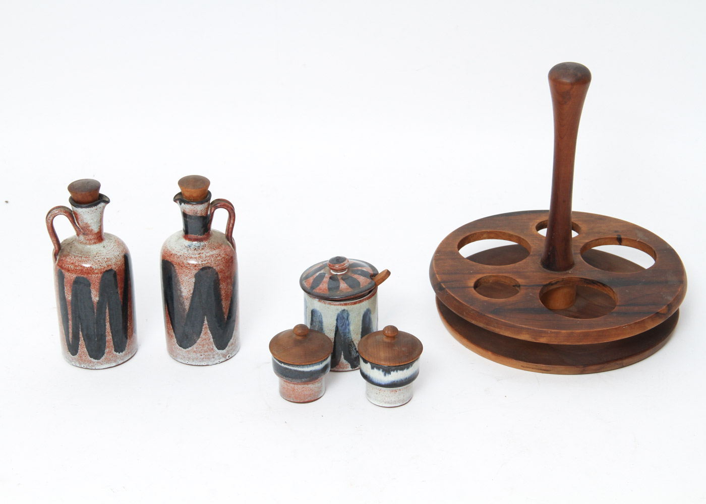 Stoneware Condiment Set with Teak Stand