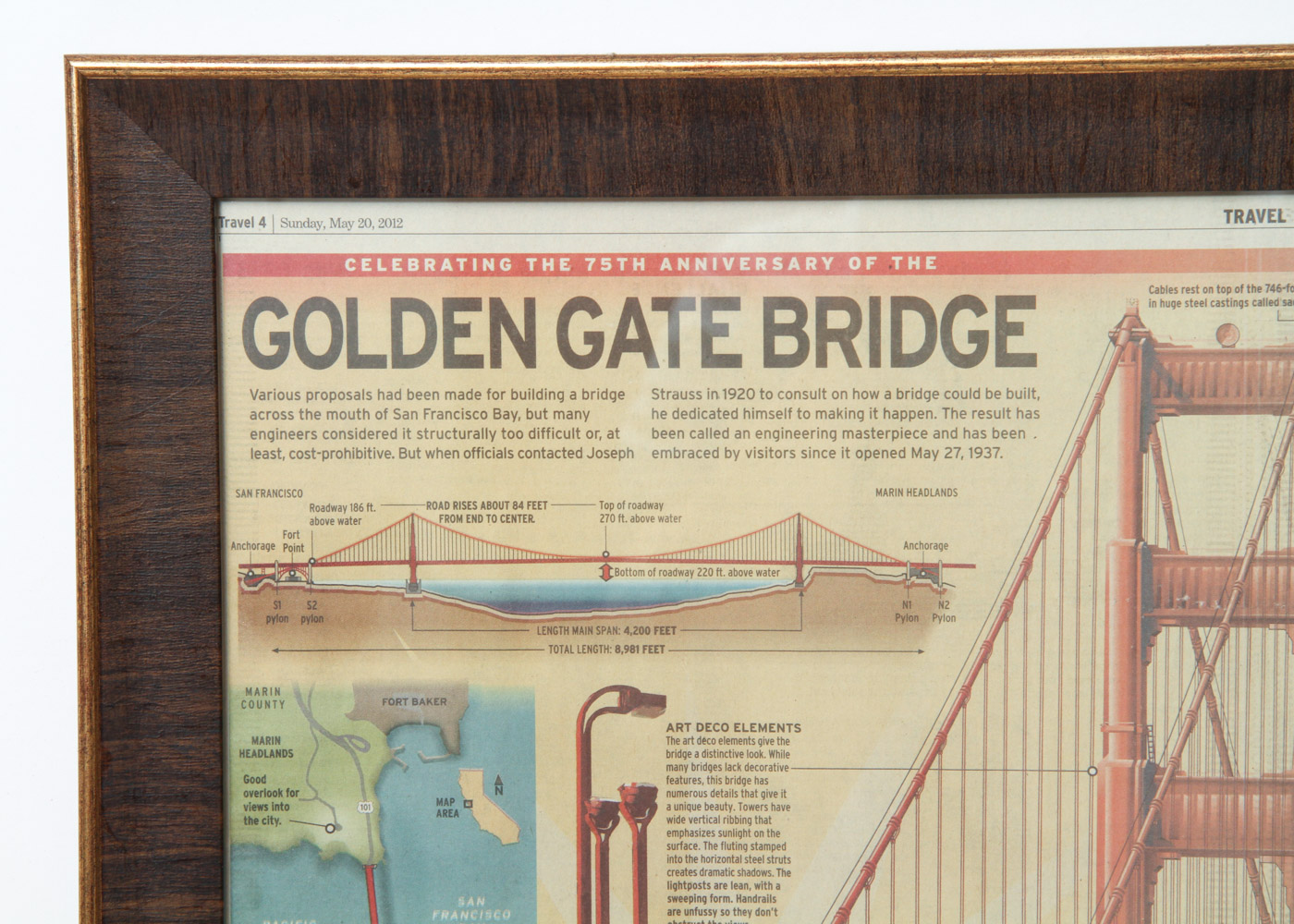 Framed Map of Golden Gate Bridge Celebrating Its 75th Anniversary