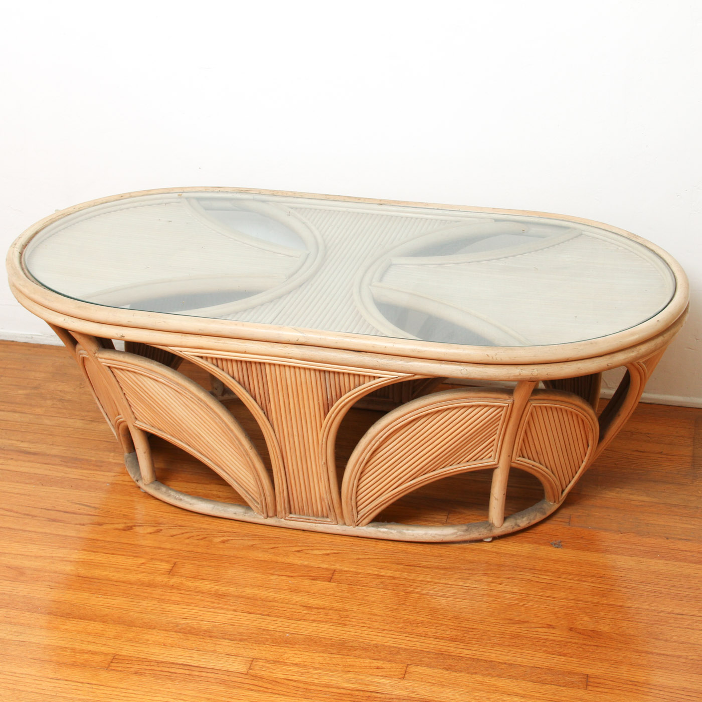 Art Deco Style Oval Rattan and Glass Coffee Table