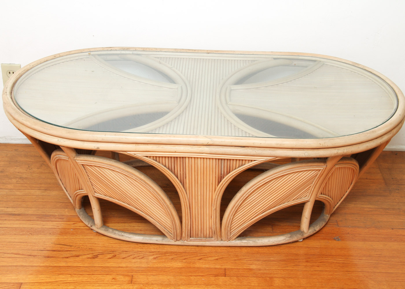 Art Deco Style Oval Rattan and Glass Coffee Table