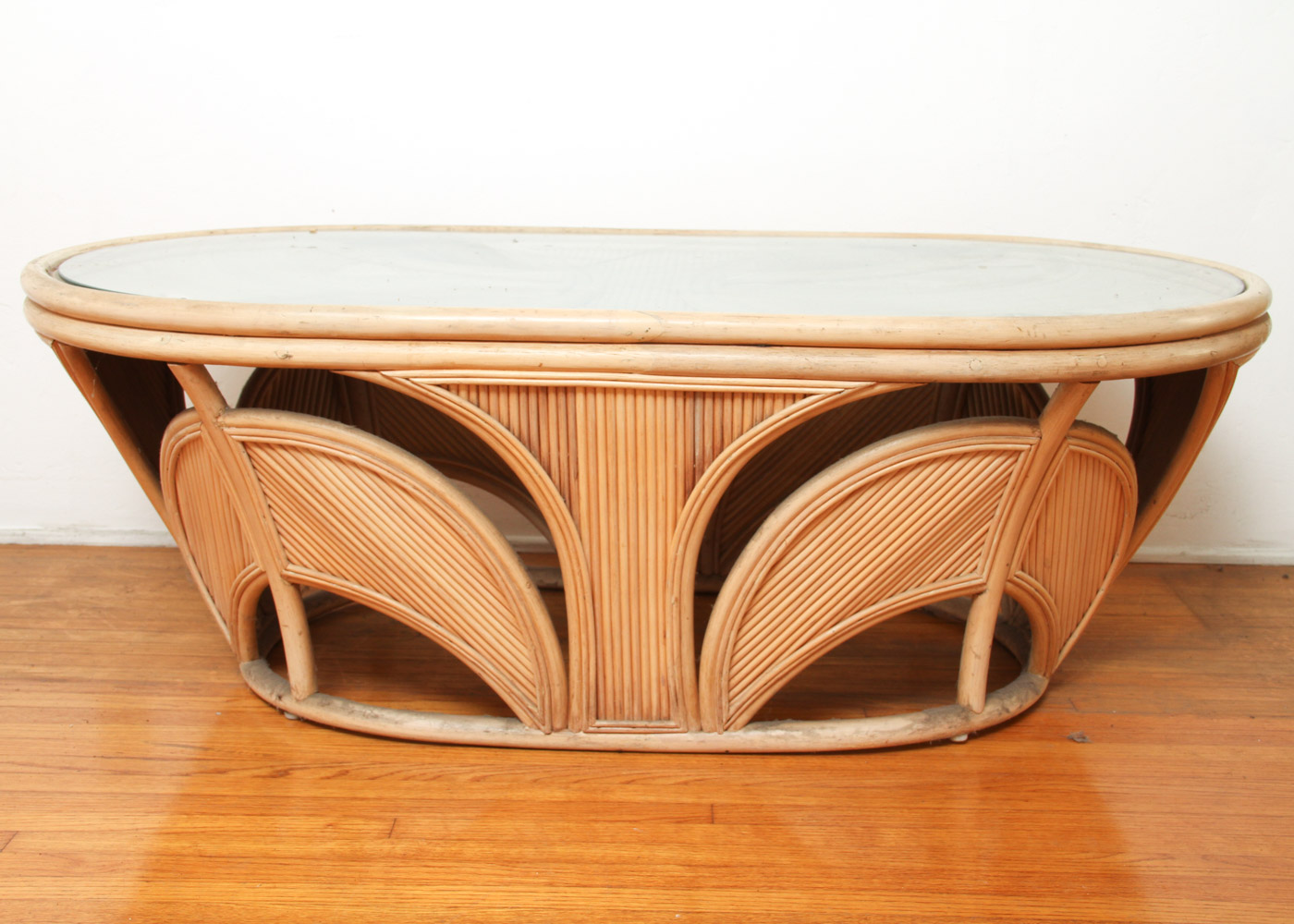Art Deco Style Oval Rattan and Glass Coffee Table