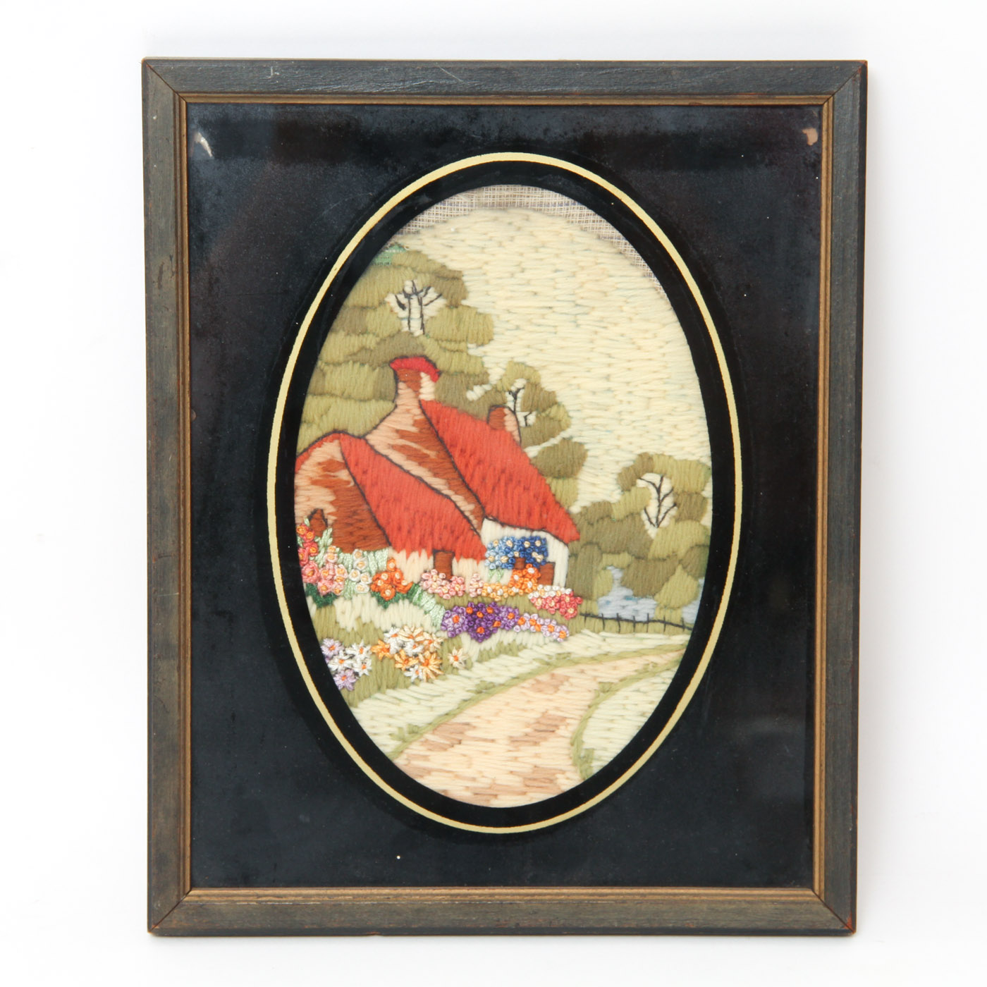 Vintage Crewel Embroidered Rural Landscape Scene