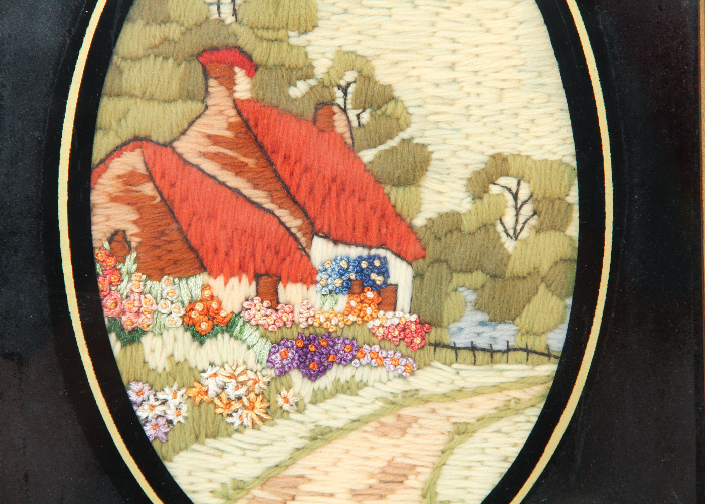 Vintage Crewel Embroidered Rural Landscape Scene