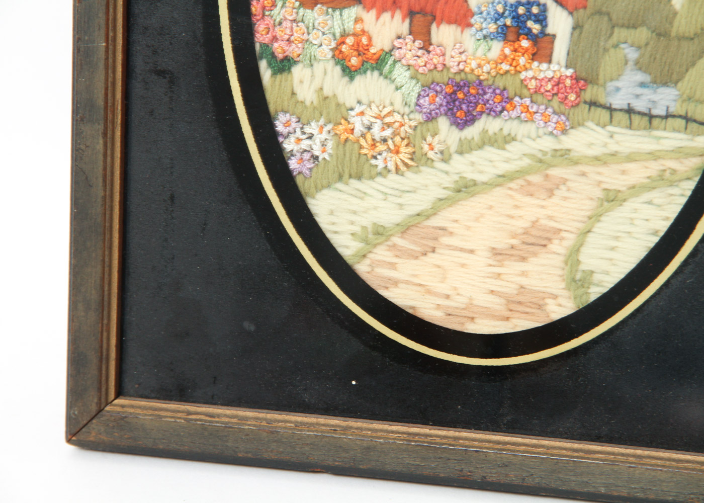 Vintage Crewel Embroidered Rural Landscape Scene