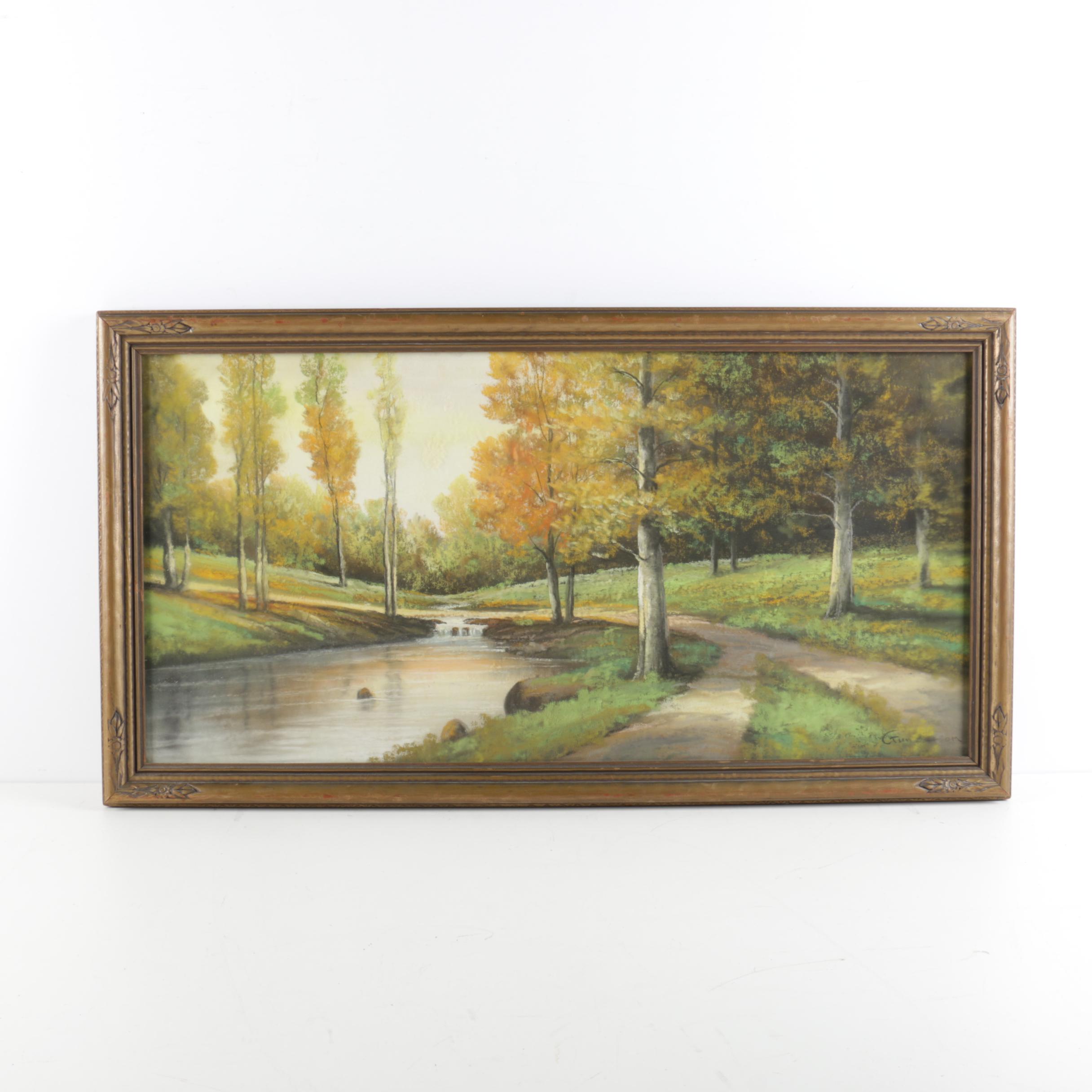 Andrew Gunderson Pastel Drawing on Paper of Wooded Scene