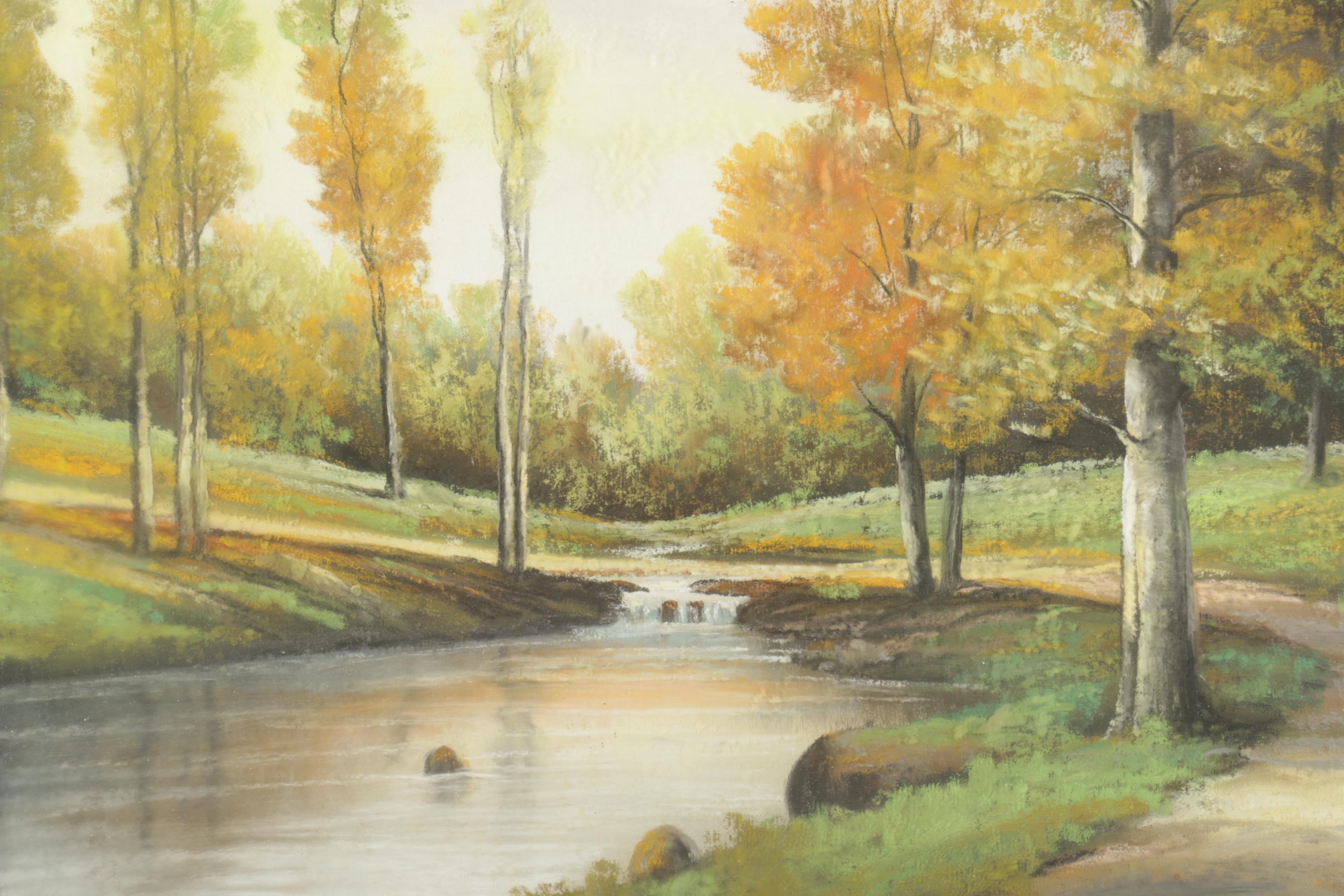 Andrew Gunderson Pastel Drawing on Paper of Wooded Scene