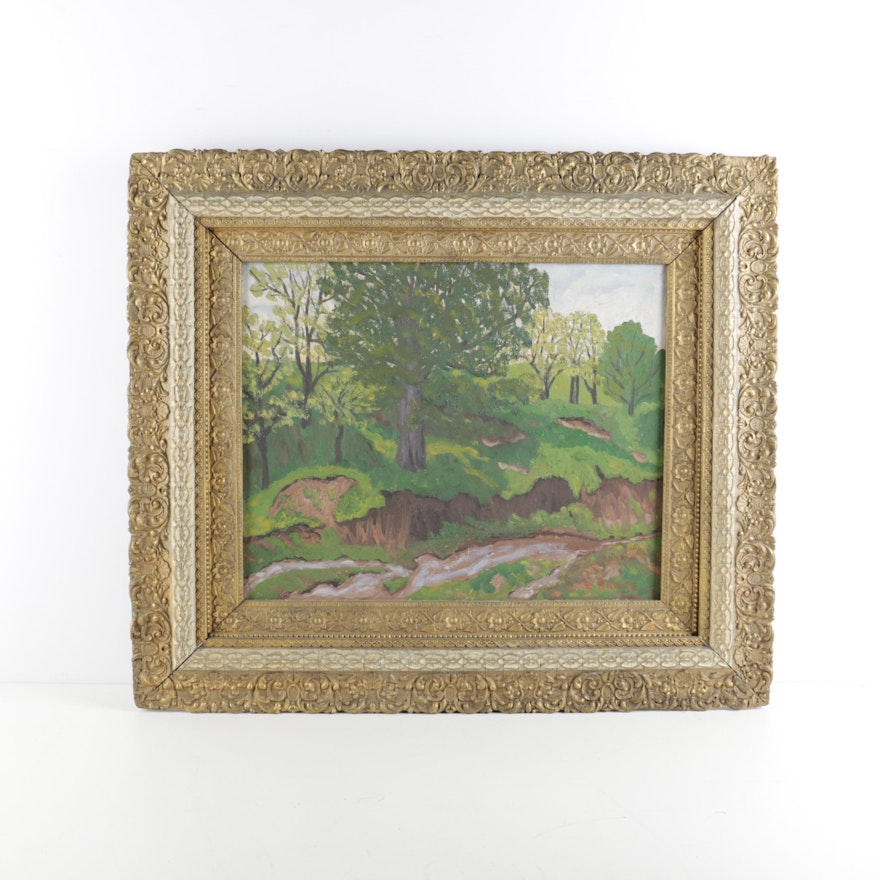 K. Kniese Oil Painting on Canvas of a Sloping Bank Above a Narrow Stream