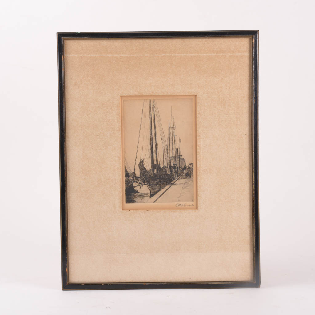 W.B. Kerr Antique Etching of Boats In Harbor